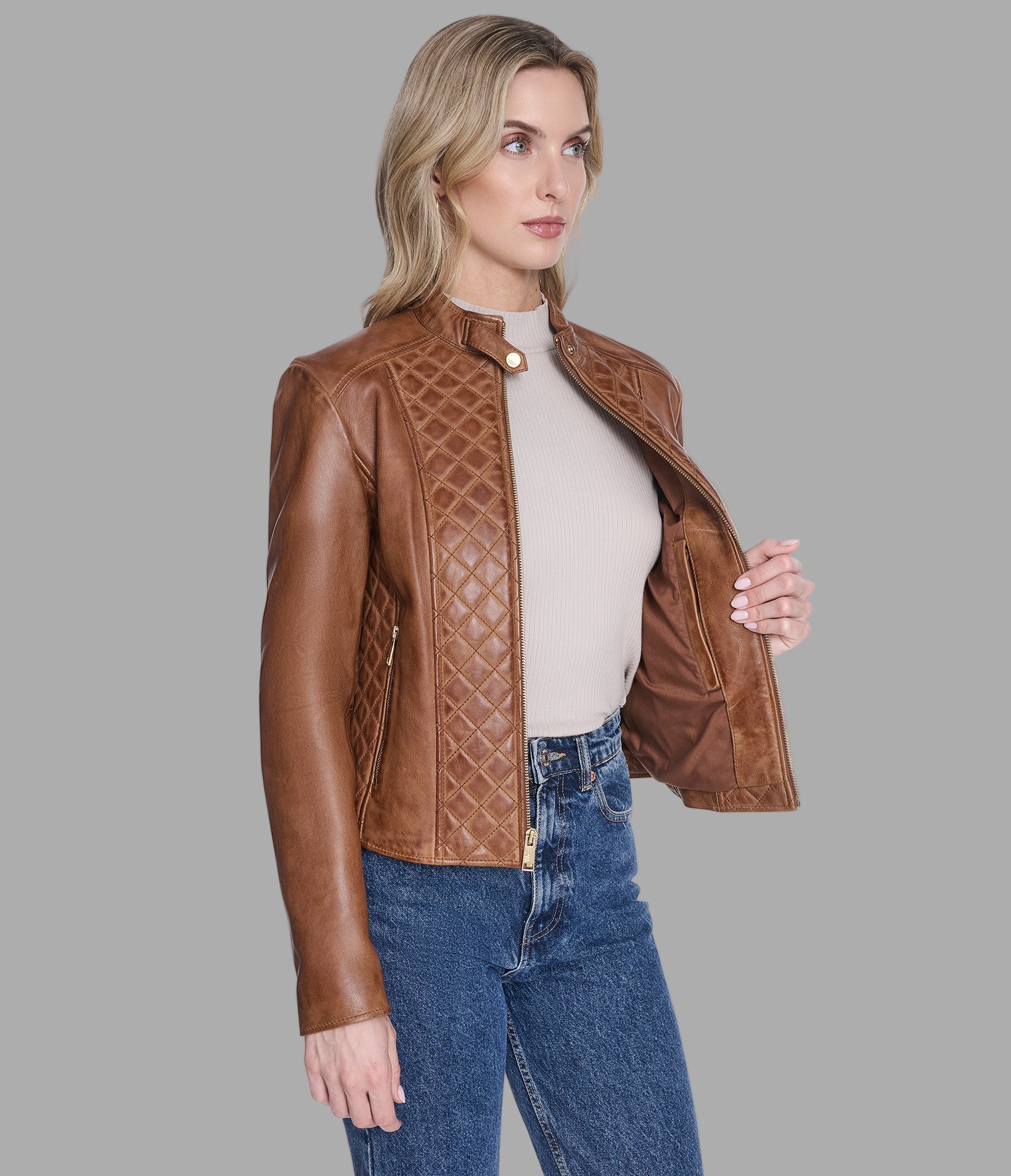 Marlette Quilted Leather Racer Jacket View 3 | Women's Collection Marlette Quilted Leather Racer Jacket View 3 | Women's Collection