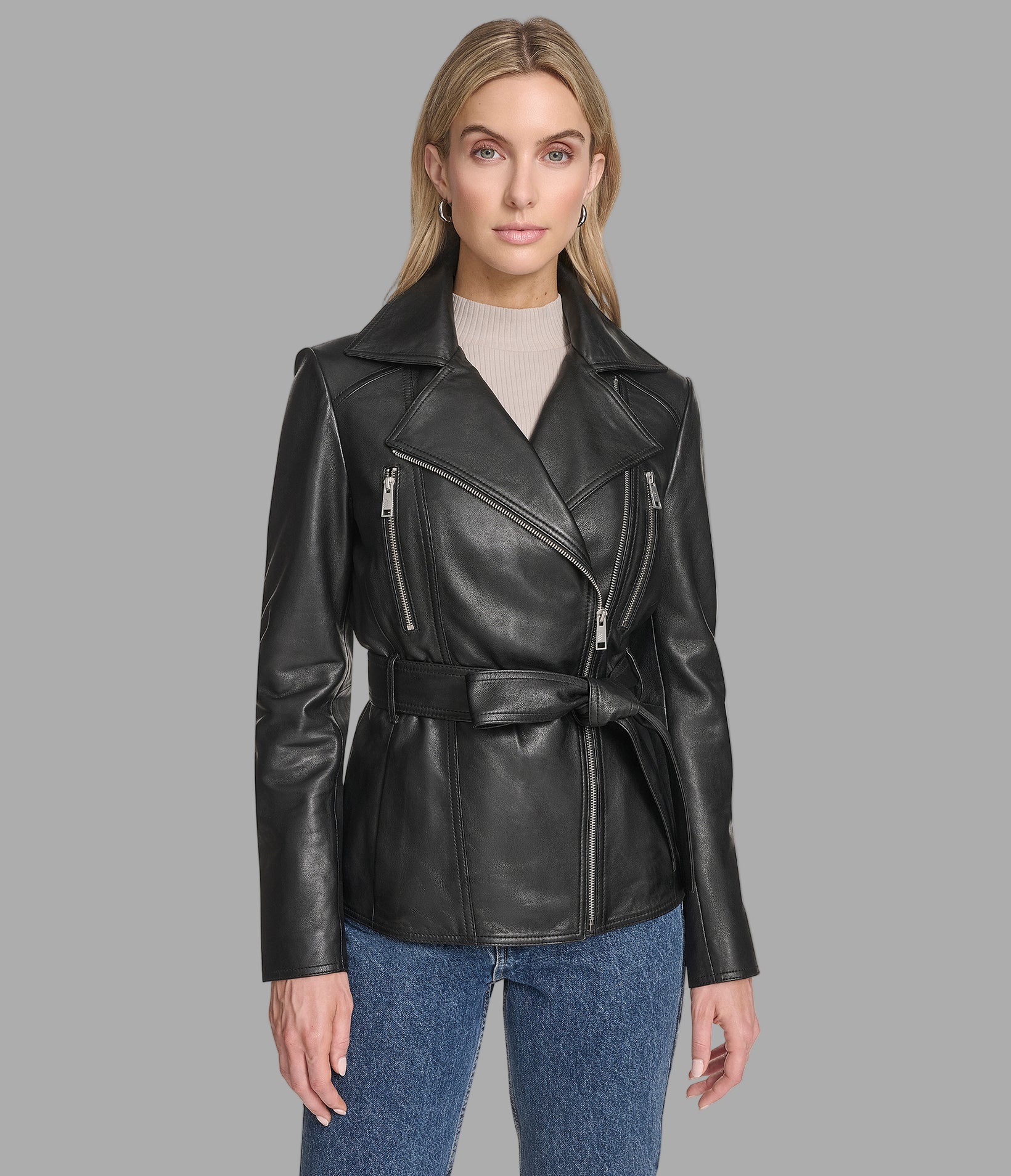 Violet Leather Belted Moto Jacket View 1 | Andrew Marc Collection Violet Leather Belted Moto Jacket View 1 | Andrew Marc Collection