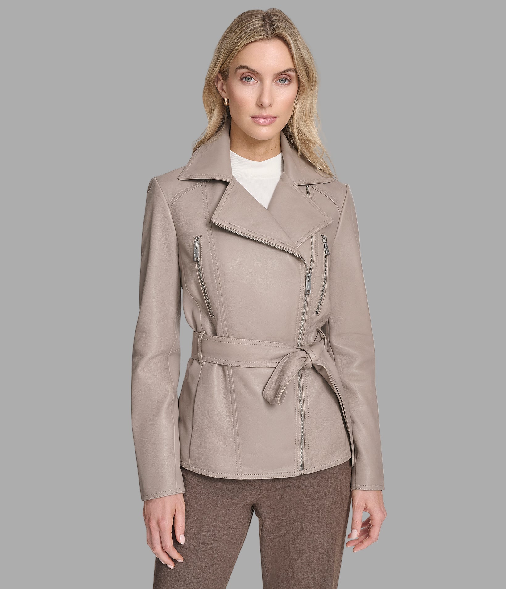 Violet Leather Belted Moto Jacket View 1 | Women's Collection Violet Leather Belted Moto Jacket View 1 | Women's Collection