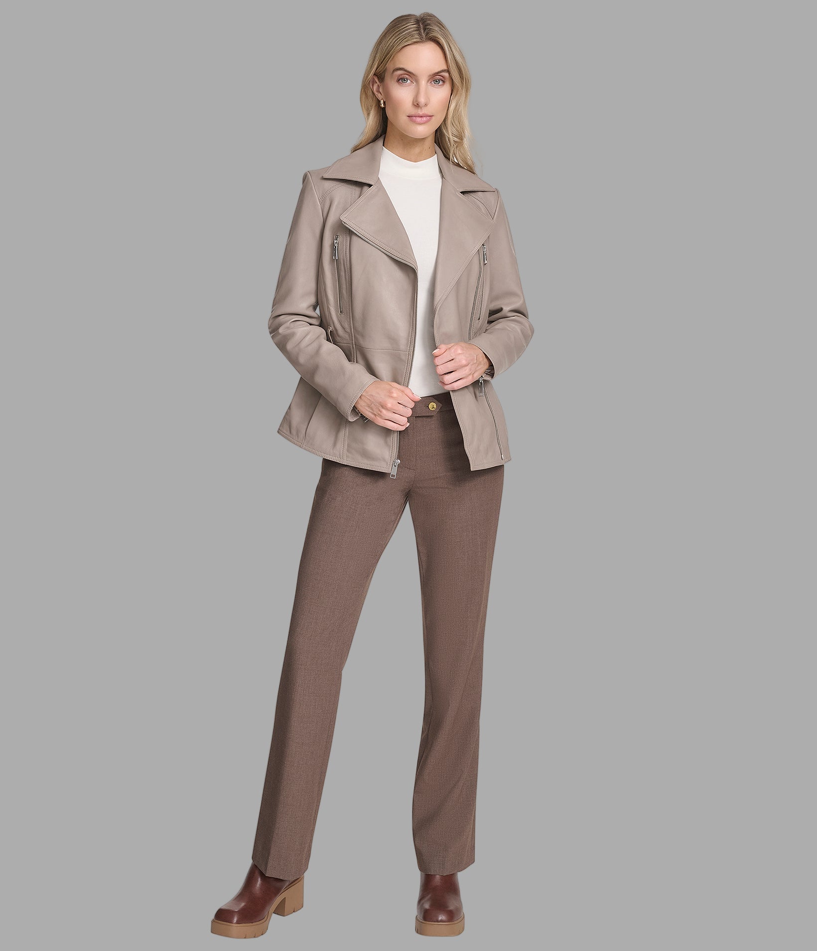 Violet Leather Belted Moto Jacket View 4 | Women's Collection Violet Leather Belted Moto Jacket View 4 | Women's Collection