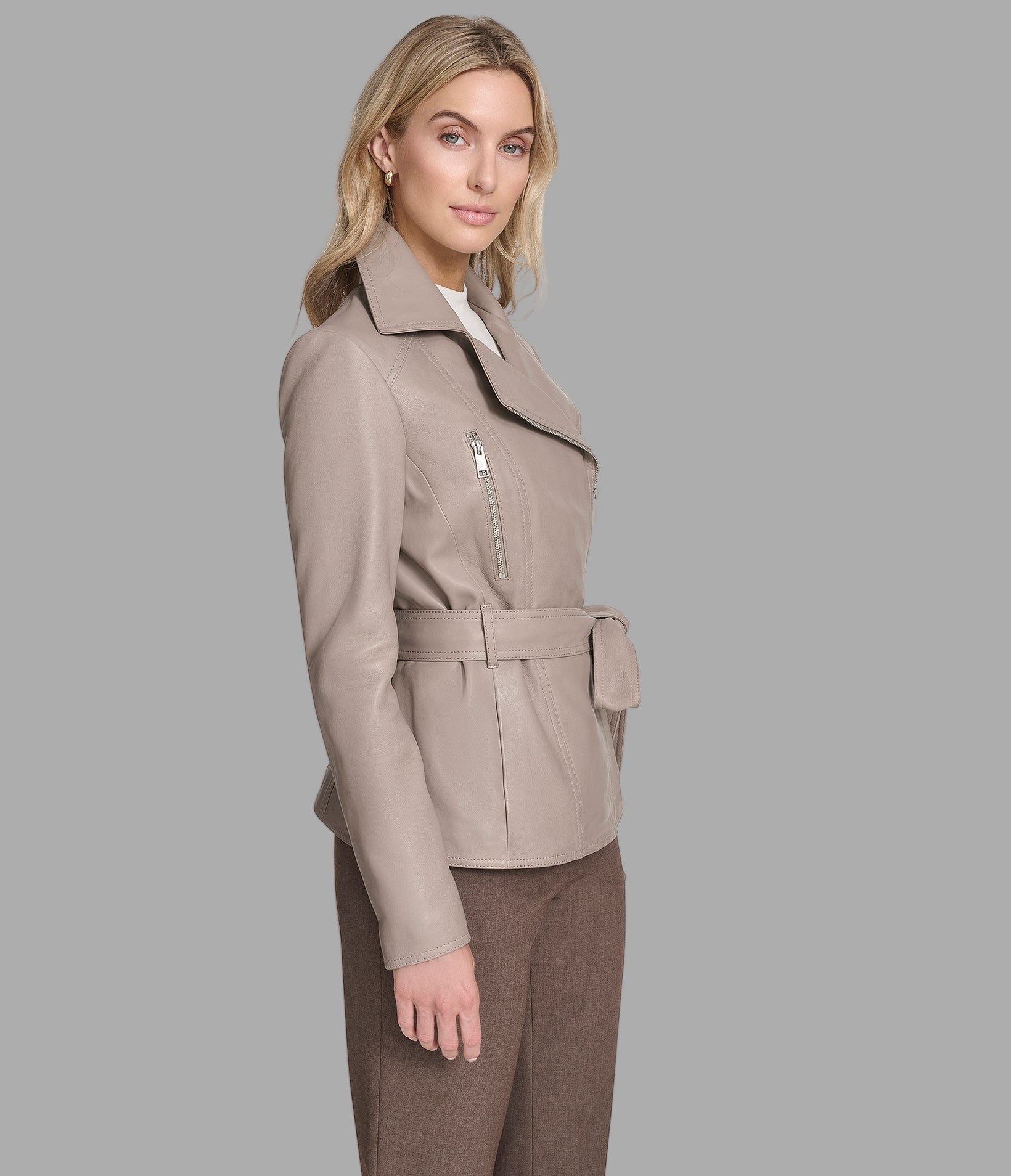 Violet Leather Belted Moto Jacket View 2 | Women's Collection Violet Leather Belted Moto Jacket View 2 | Women's Collection