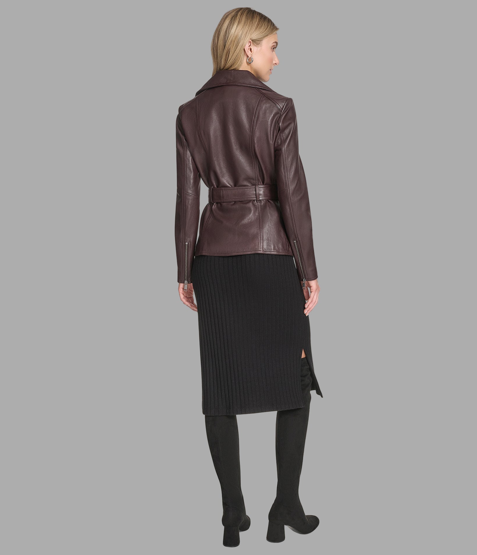 Violet Leather Belted Moto Jacket View 3 | Andrew Marc Collection Violet Leather Belted Moto Jacket View 3 | Andrew Marc Collection