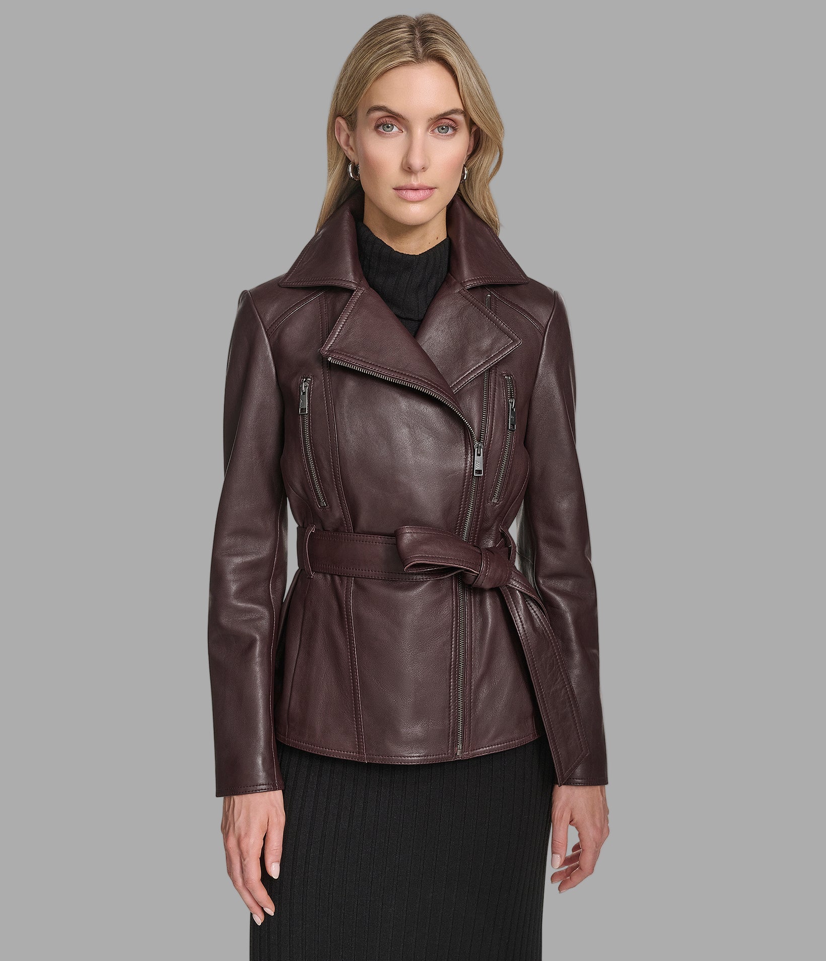 Violet Leather Belted Moto Jacket View 1 | Andrew Marc Collection Violet Leather Belted Moto Jacket View 1 | Andrew Marc Collection