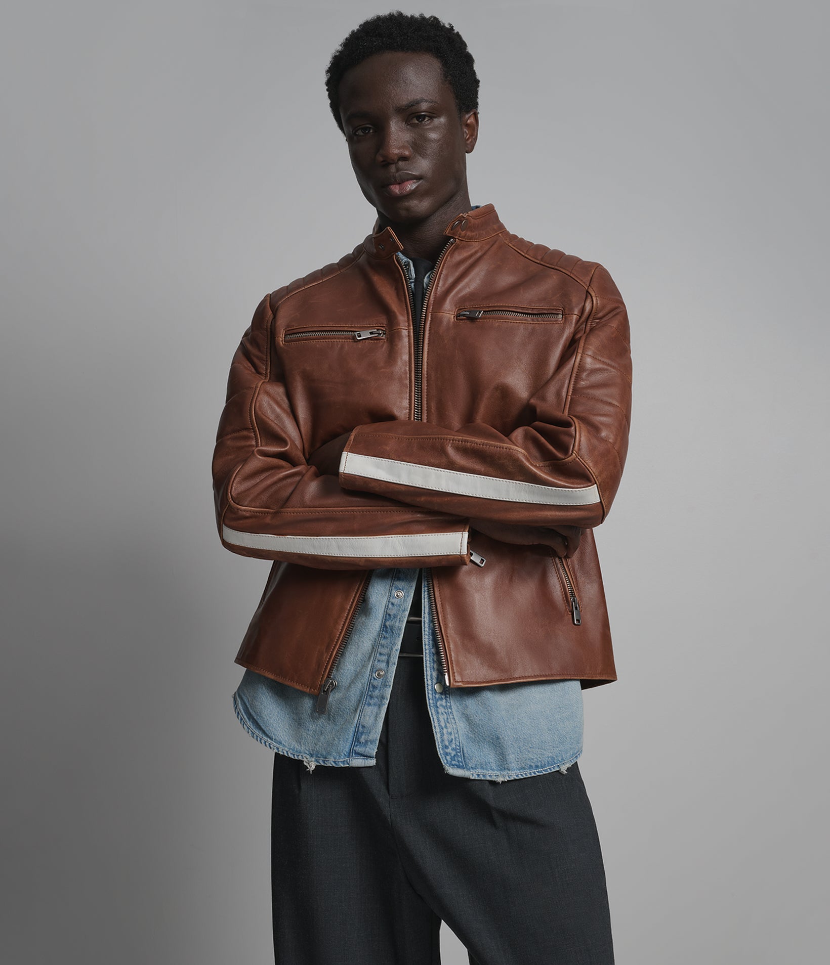 Hank Vintage Leather Striped Racer Jacket View 1 | Men's Jackets & Coats Hank Vintage Leather Striped Racer Jacket View 1 | Men's Jackets & Coats