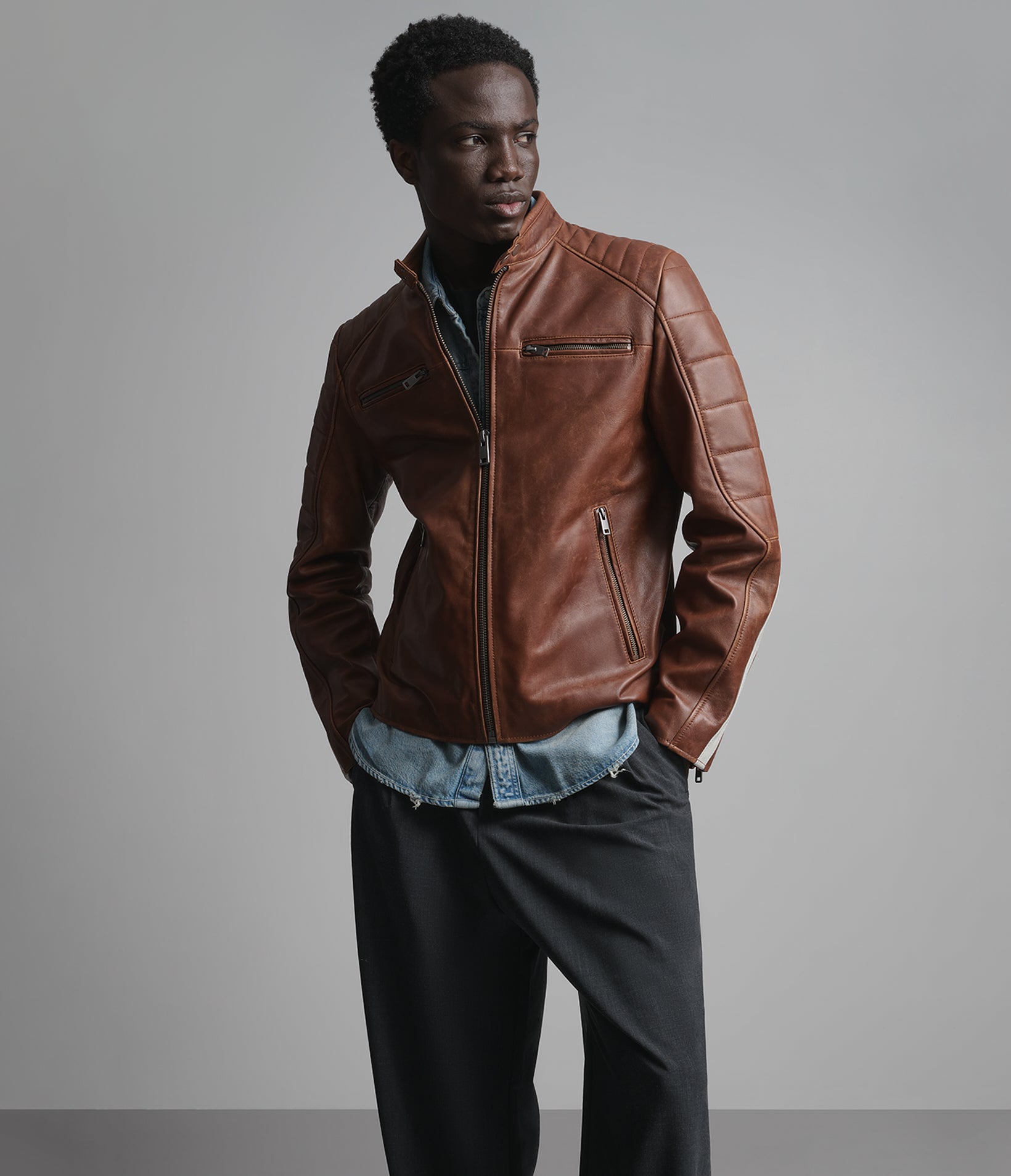 Hank Vintage Leather Striped Racer Jacket View 5 | Men's Collection Hank Vintage Leather Striped Racer Jacket View 5 | Men's Collection