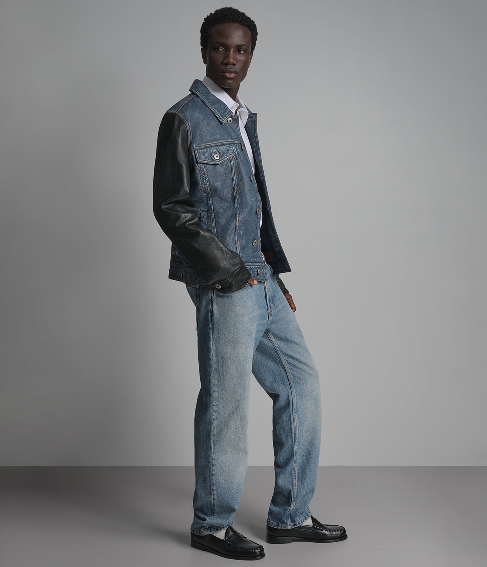 Beckham Color-Block Leather Denim Trucker Jacket View 5 Beckham Color-Block Leather Denim Trucker Jacket View 5