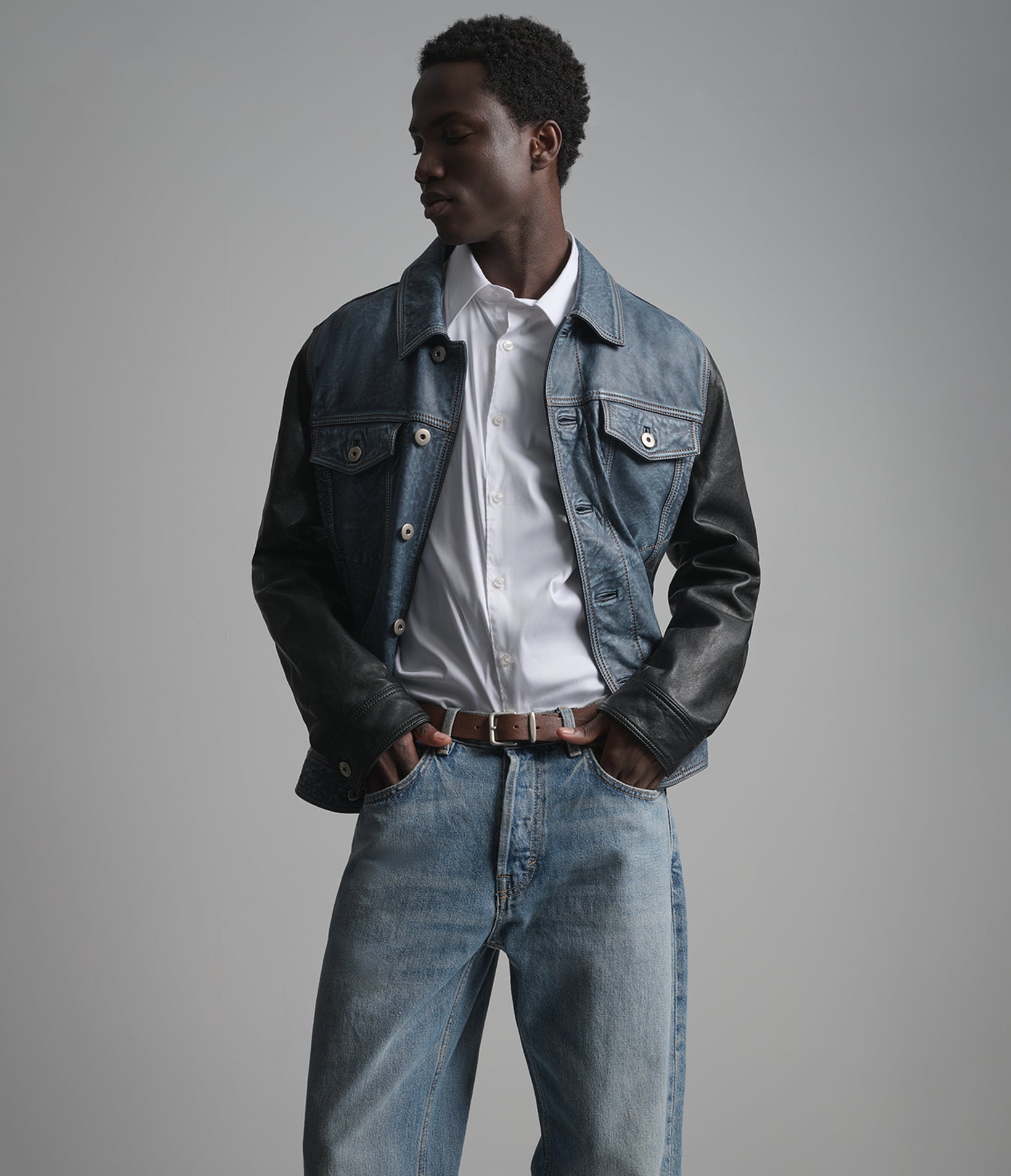 Beckham Color-Block Leather Denim Trucker Jacket View 1 | Men's Jackets & Coats Beckham Color-Block Leather Denim Trucker Jacket View 1 | Men's Jackets & Coats