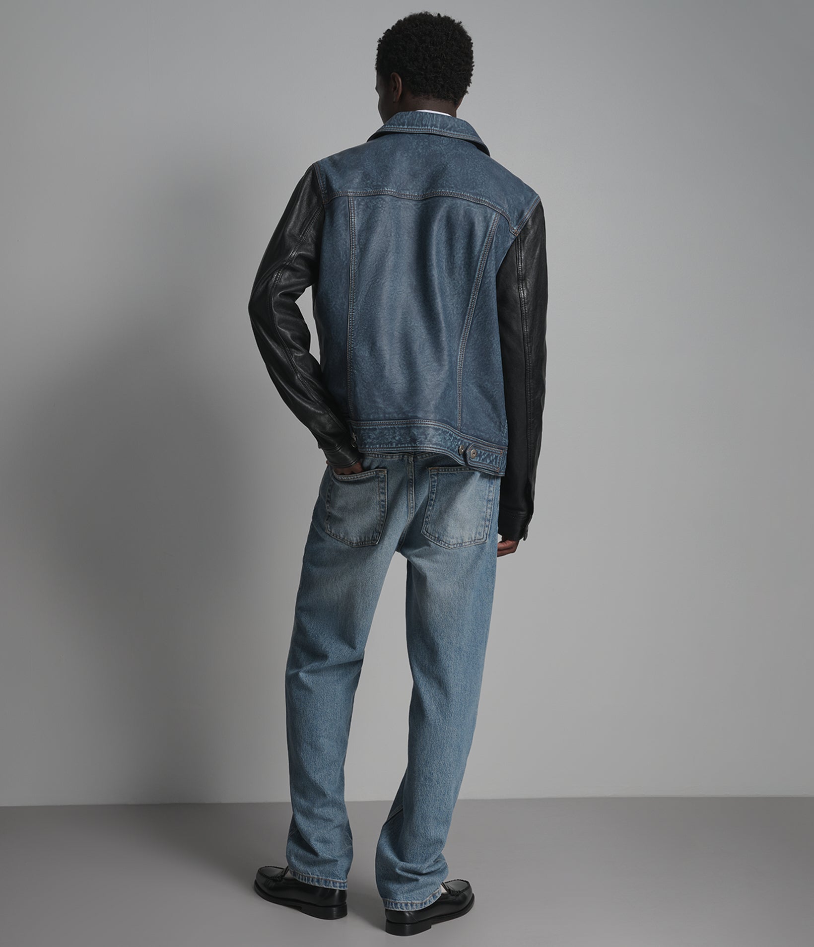 Beckham Color-Block Leather Denim Trucker Jacket View 3 Beckham Color-Block Leather Denim Trucker Jacket View 3