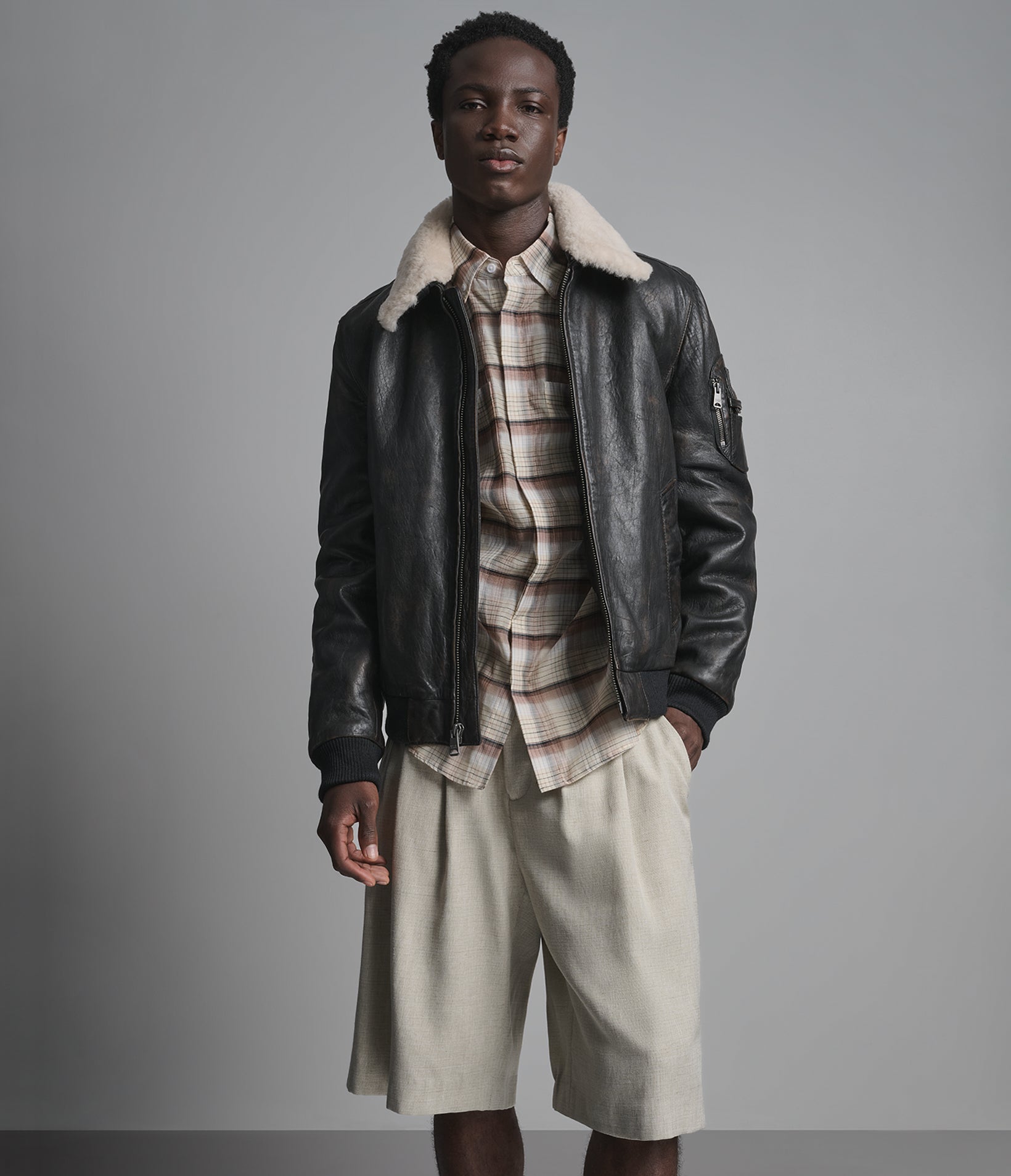 Jimmy Leather Aviator Bomber Jacket With Shearling Collar View 1 Jimmy Leather Aviator Bomber Jacket With Shearling Collar View 1