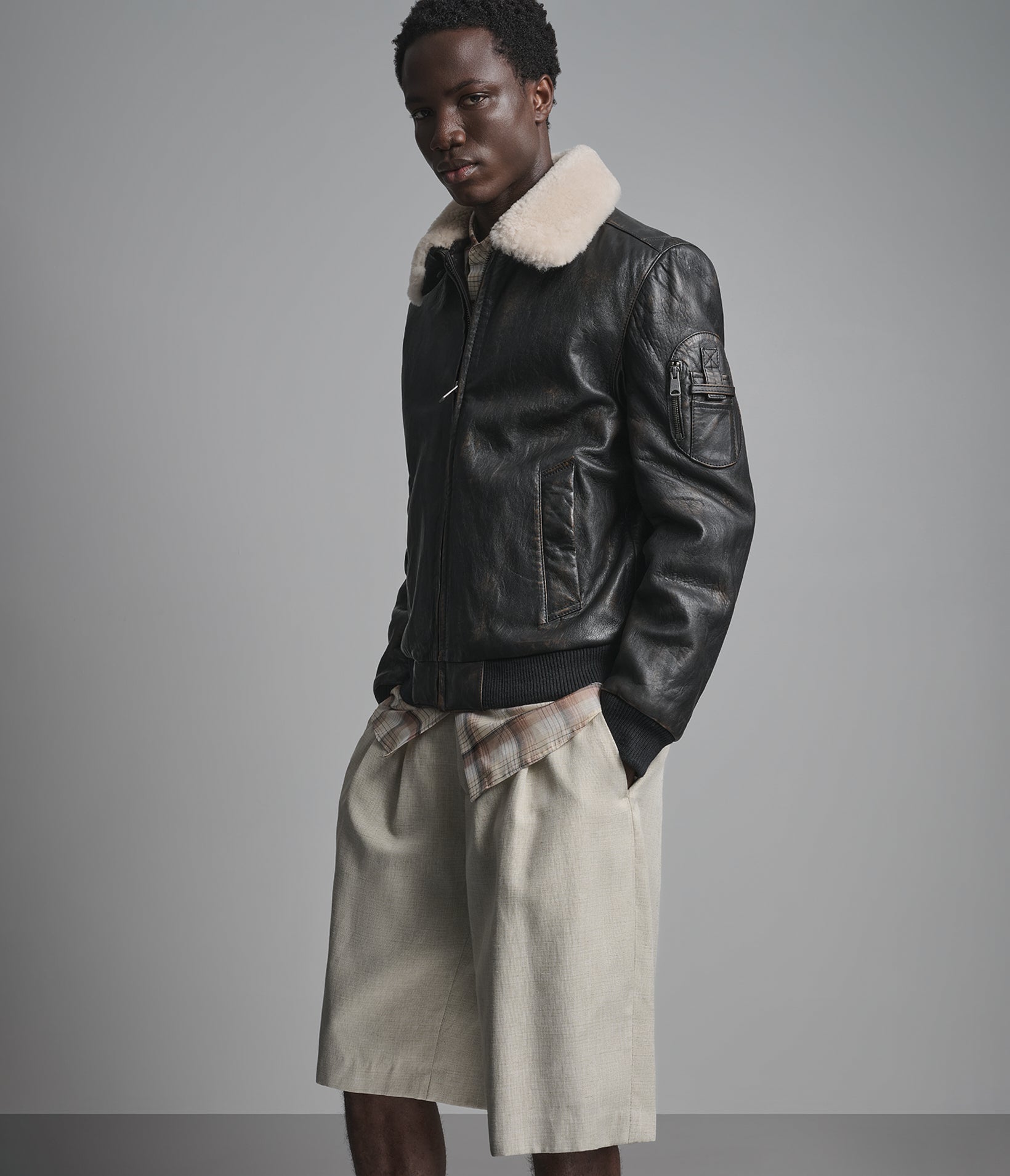 Jimmy Leather Aviator Bomber Jacket With Shearling Collar View 5 Jimmy Leather Aviator Bomber Jacket With Shearling Collar View 5