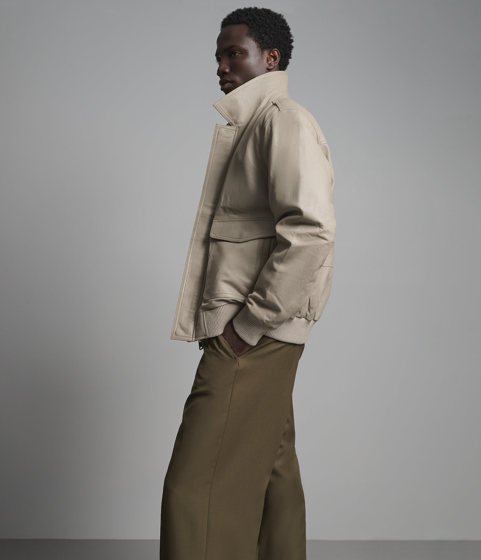 Chris Leather Collared Bomber Jacket View 6 Chris Leather Collared Bomber Jacket View 6