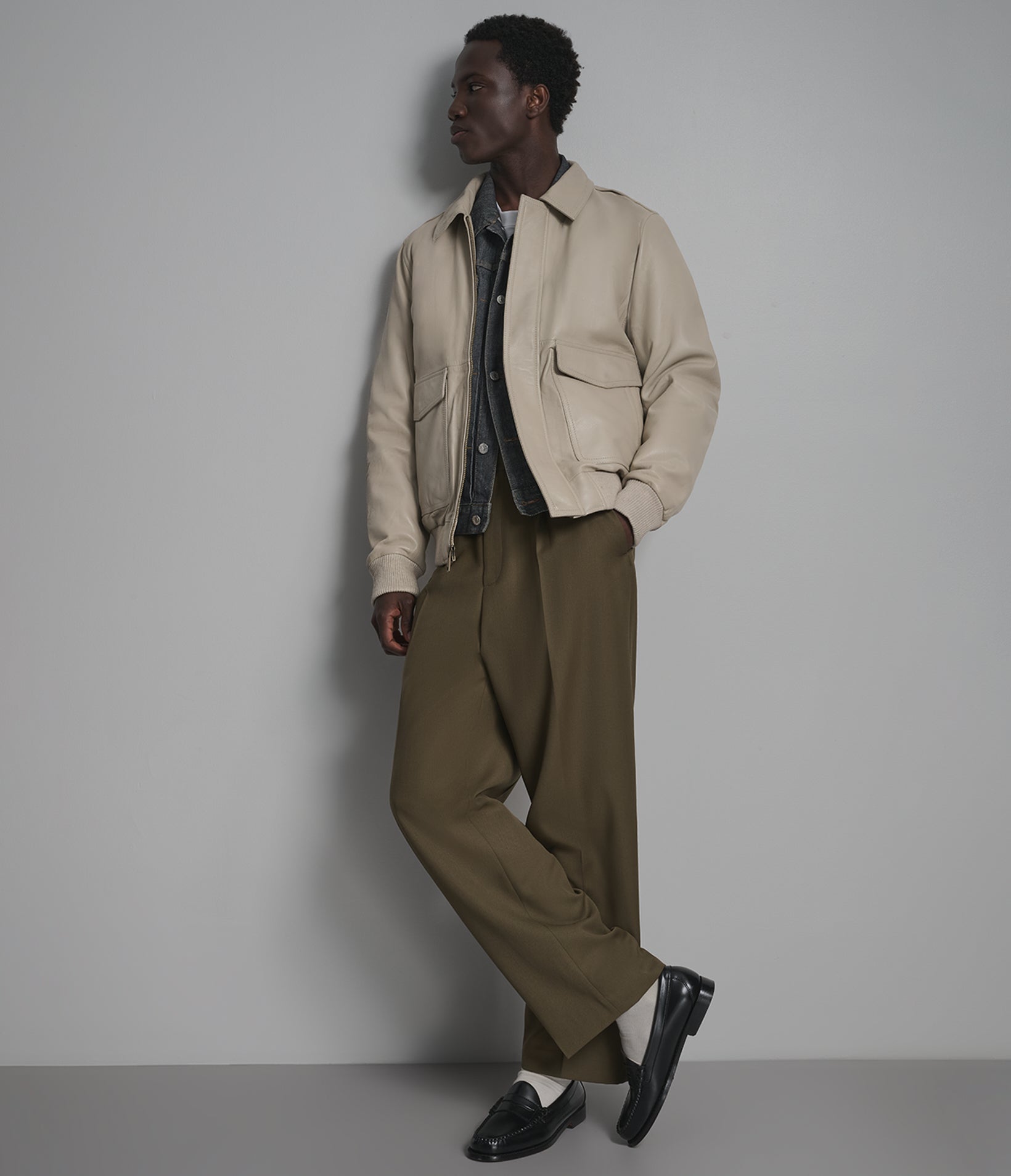 Chris Leather Collared Bomber Jacket View 4 Chris Leather Collared Bomber Jacket View 4