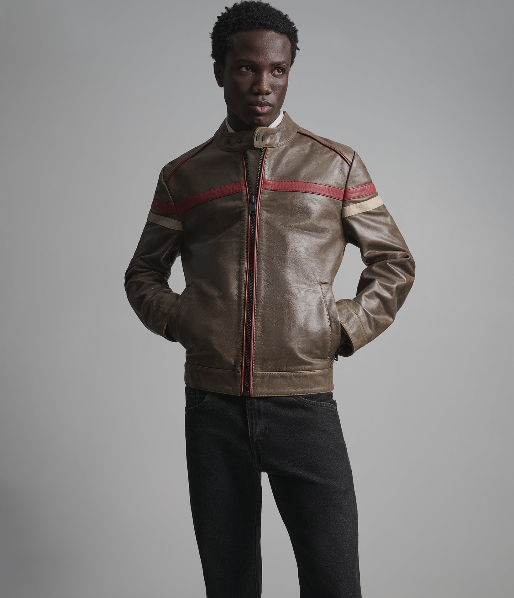 Elliot Vintage Striped Leather Racer Jacket View 1 | Men's Jackets & Coats Elliot Vintage Striped Leather Racer Jacket View 1 | Men's Jackets & Coats