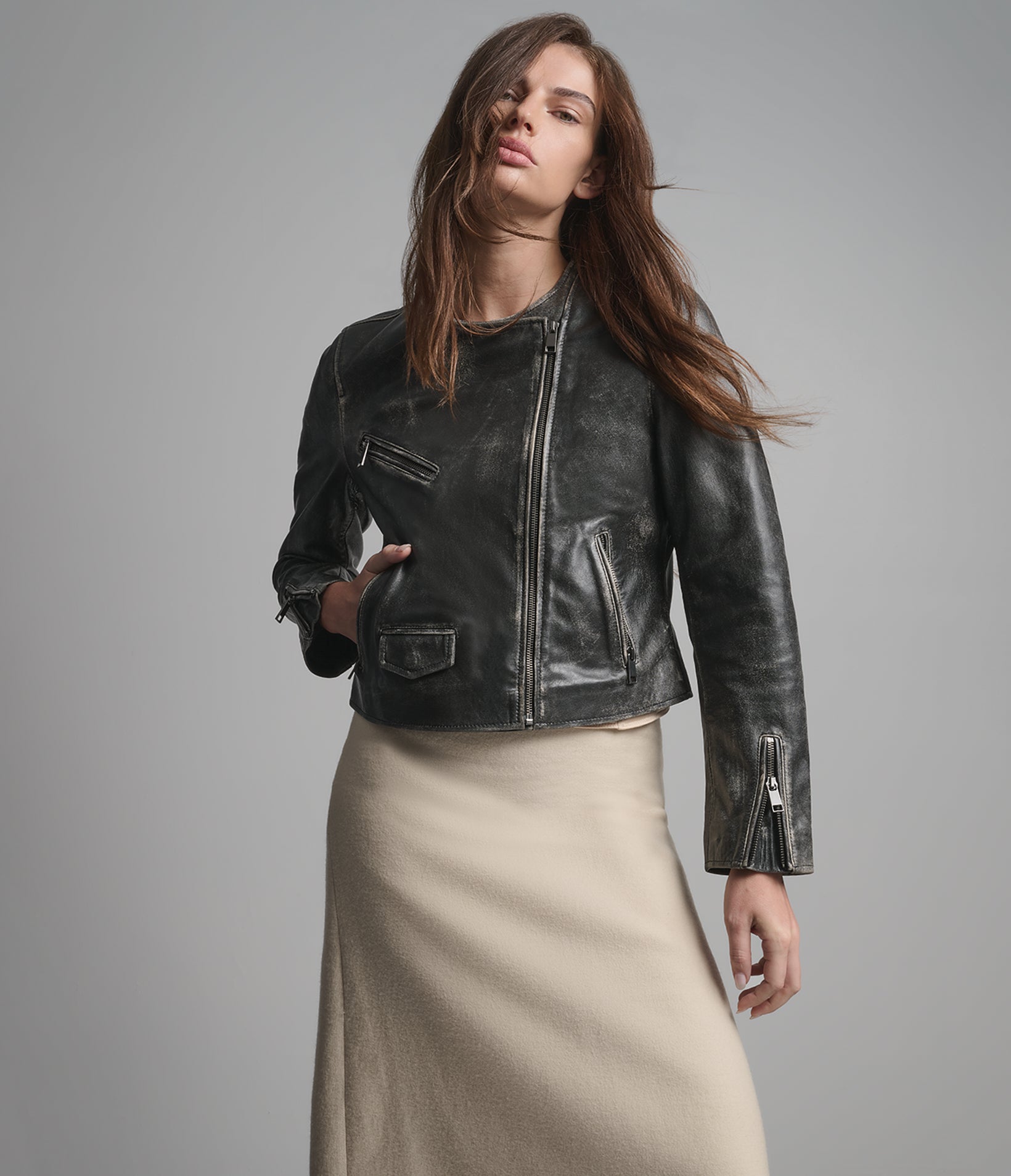 Eloise Leather Vintage Collarless Moto Jacket View 1 | Motorcycle Jackets Eloise Leather Vintage Collarless Moto Jacket View 1 | Motorcycle Jackets