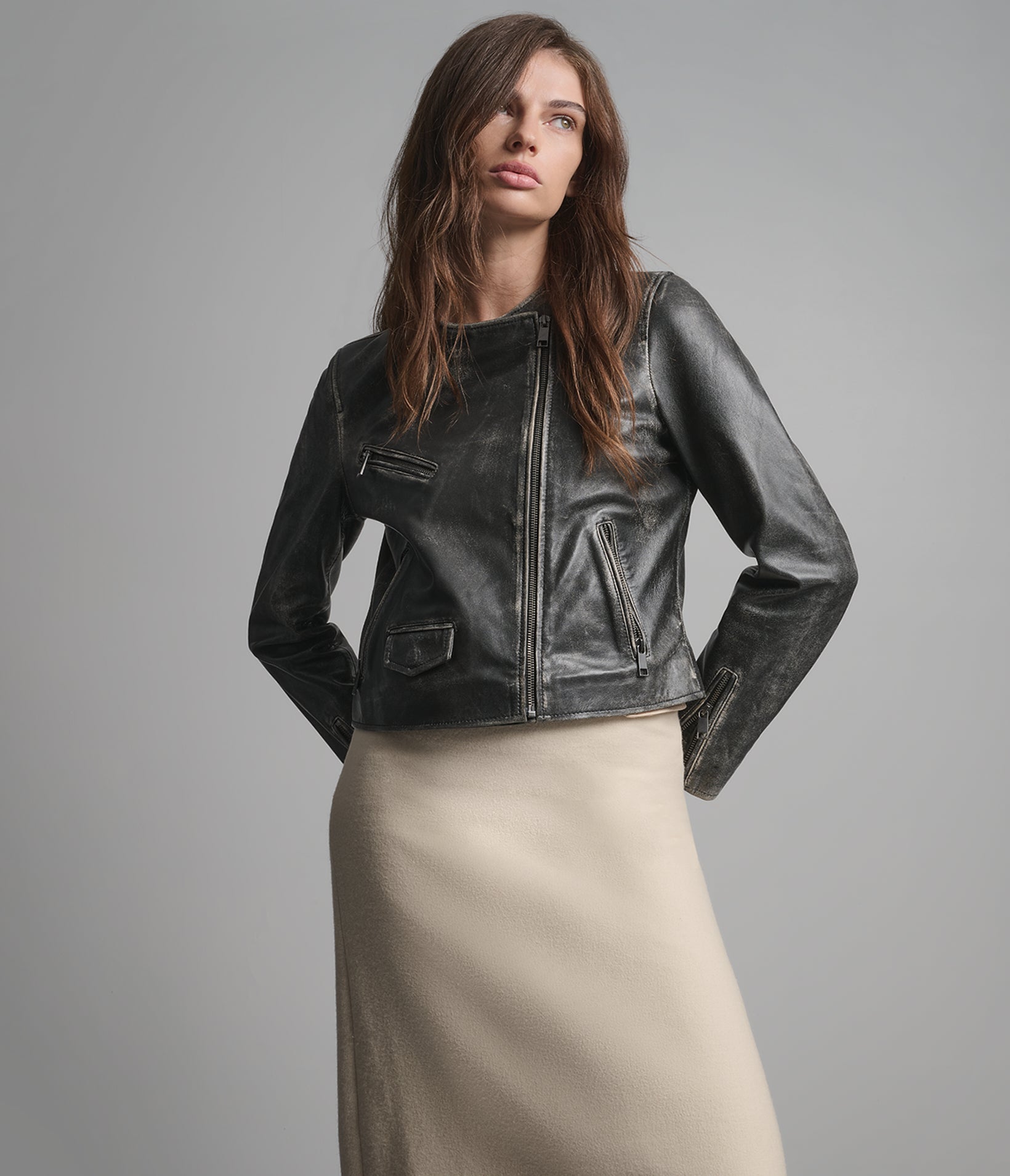 Eloise Leather Vintage Collarless Moto Jacket View 2 | Motorcycle Jackets Eloise Leather Vintage Collarless Moto Jacket View 2 | Motorcycle Jackets