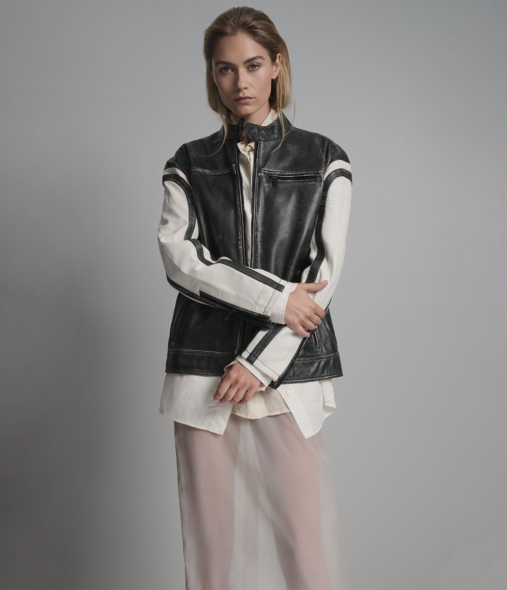 Jade Color Block Leather Racer Jacket View 5 | Women's Collection Jade Color Block Leather Racer Jacket View 5 | Women's Collection