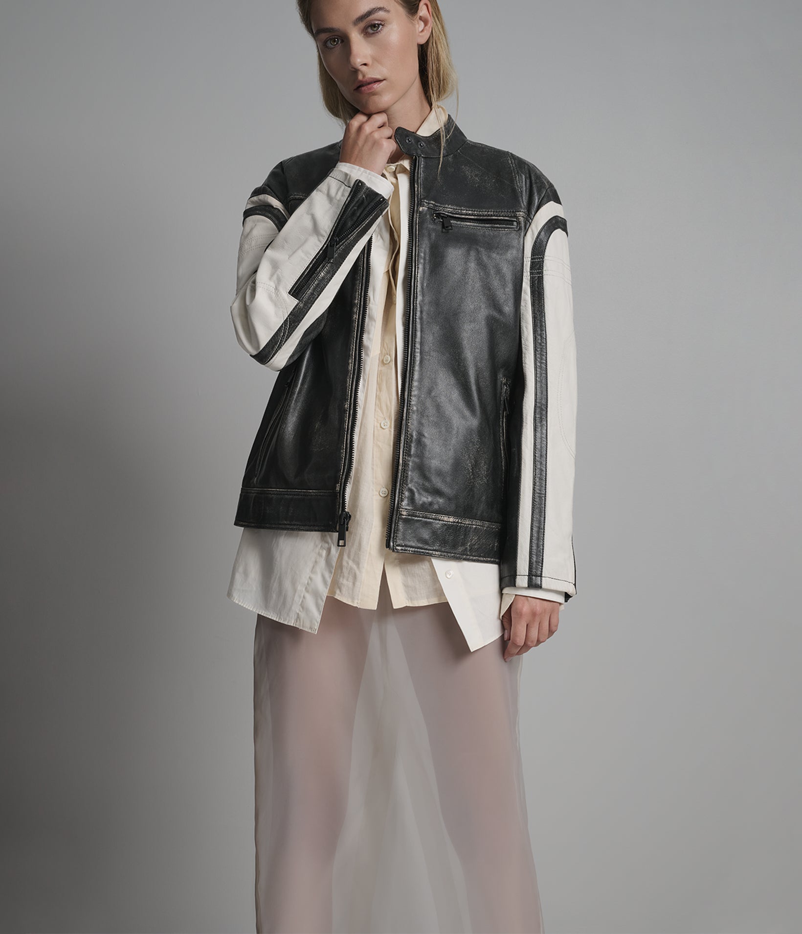 Jade Color Block Leather Racer Jacket View 2 | Women's Jackets & Coats Jade Color Block Leather Racer Jacket View 2 | Women's Jackets & Coats