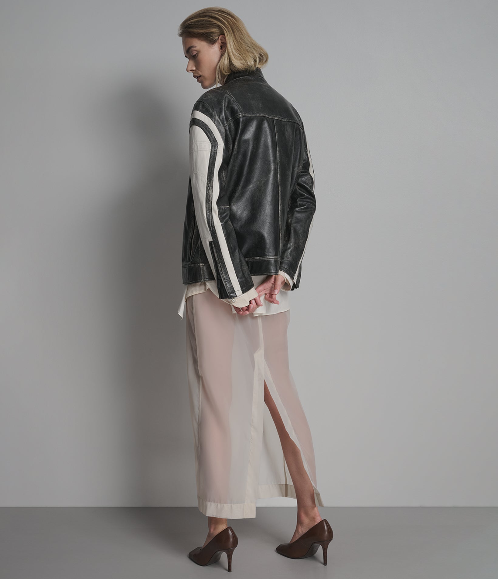 Jade Color Block Leather Racer Jacket View 3 | Women's Collection Jade Color Block Leather Racer Jacket View 3 | Women's Collection