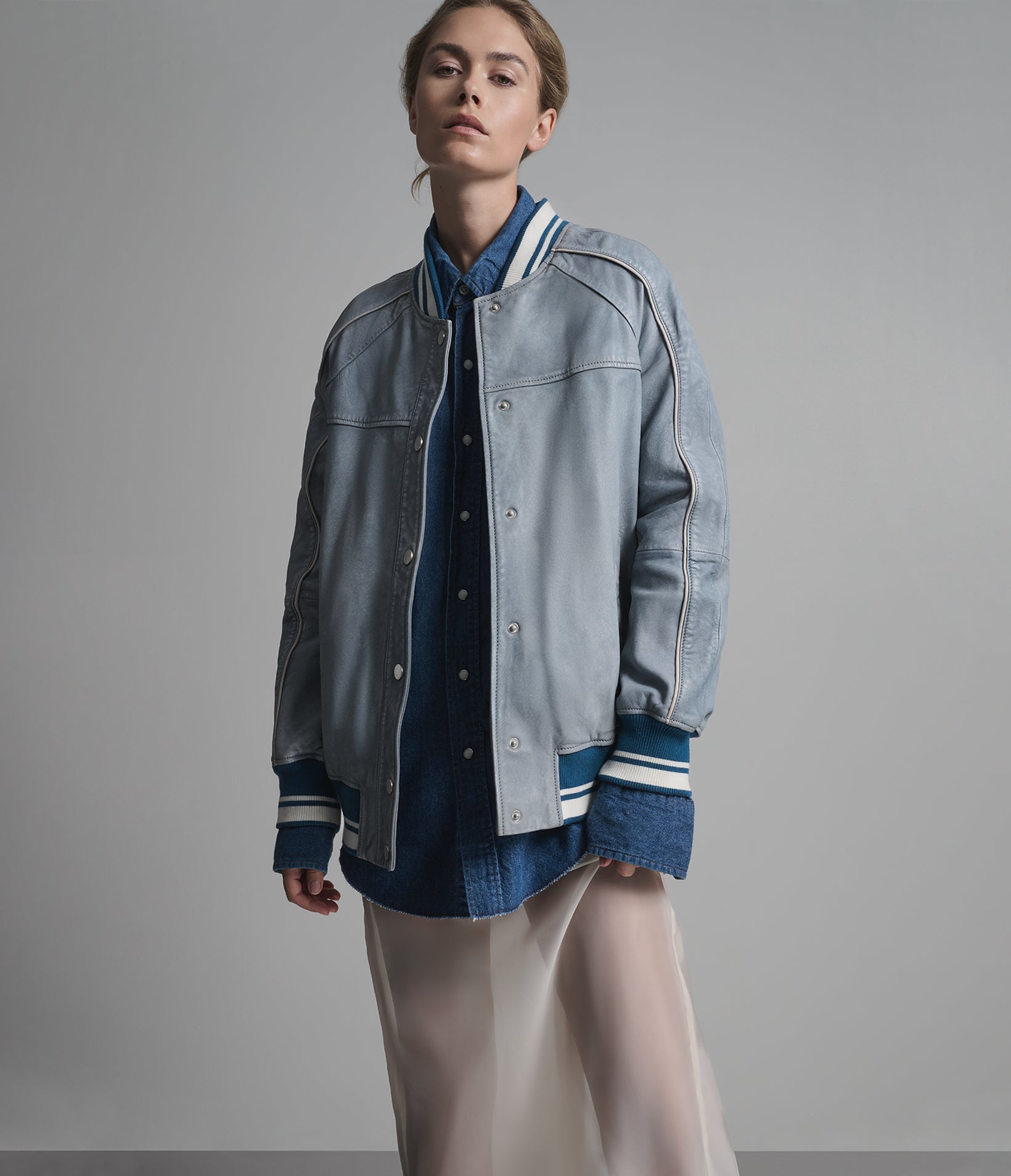 Lena Leather Denim Varsity Jacket View 3 Lena Leather Denim Varsity Jacket View 3