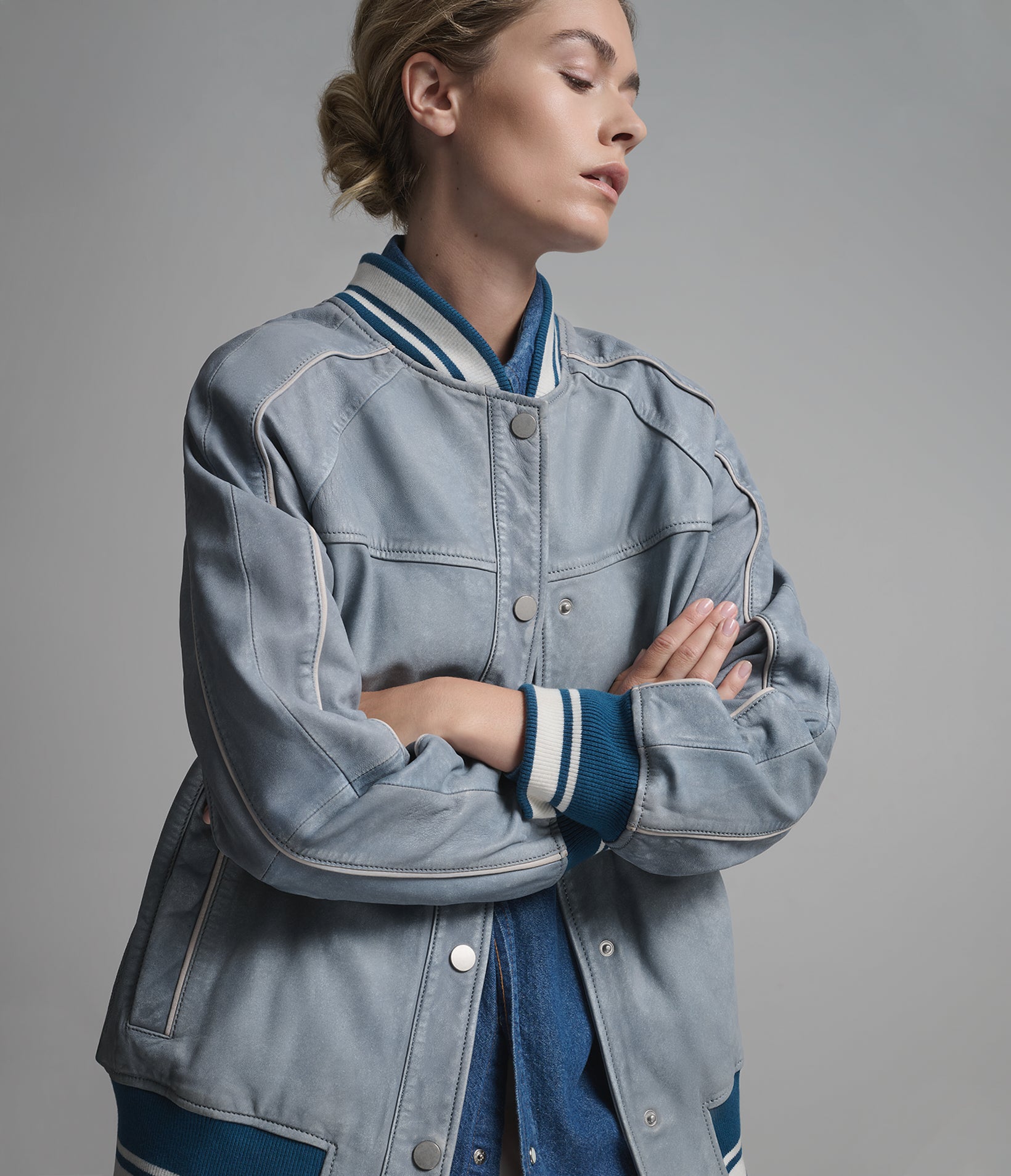 Lena Leather Denim Varsity Jacket View 2 | Women's Sale Lena Leather Denim Varsity Jacket View 2 | Women's Sale