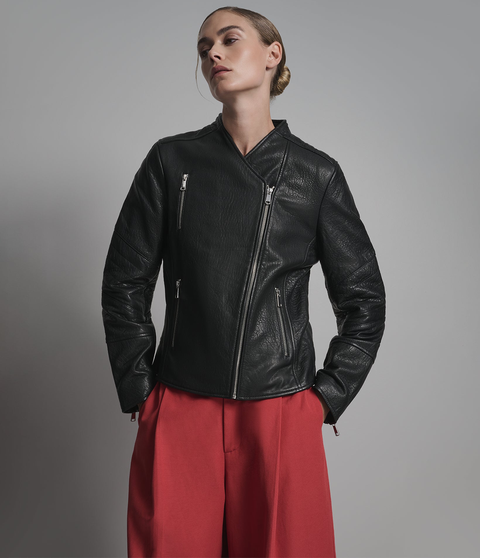 Alessandra Collarless Textured Leather Moto Jacket View 1 | Motorcycle Jackets Alessandra Collarless Textured Leather Moto Jacket View 1 | Motorcycle Jackets