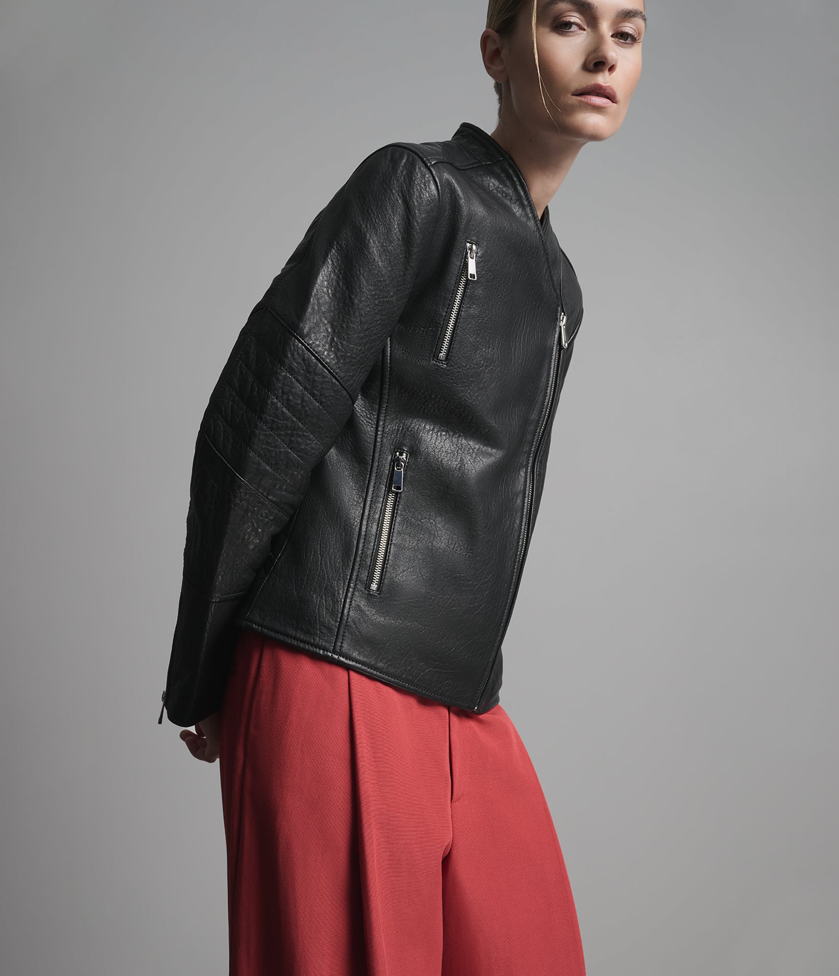 Alessandra Collarless Textured Leather Moto Jacket View 2 | Motorcycle Jackets Alessandra Collarless Textured Leather Moto Jacket View 2 | Motorcycle Jackets