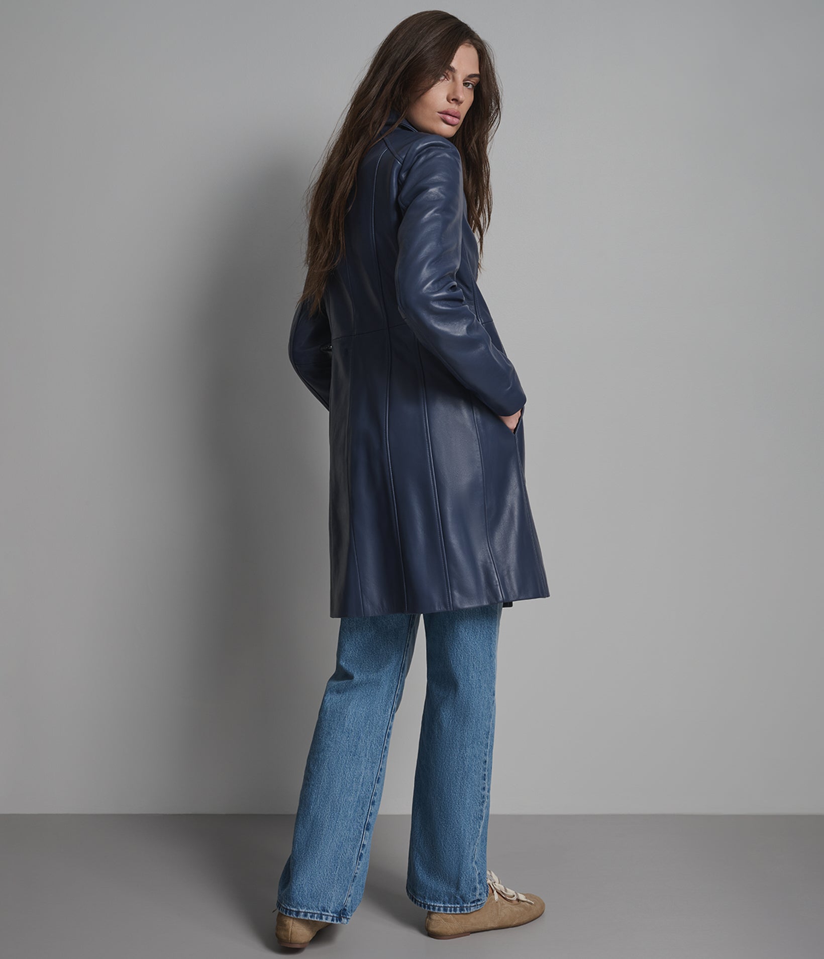 Nora Button Down Leather Trench Coat View 3 Nora Button Down Leather Trench Coat View 3