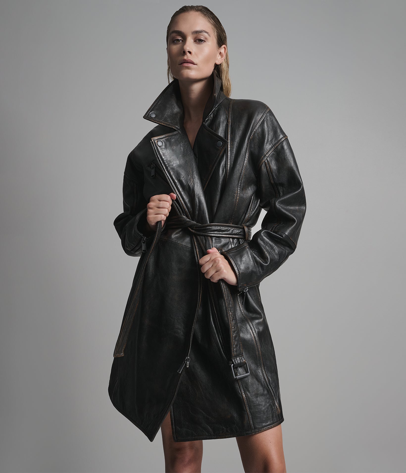 Liv Washed Leather Moto Trench View 1 Liv Washed Leather Moto Trench View 1