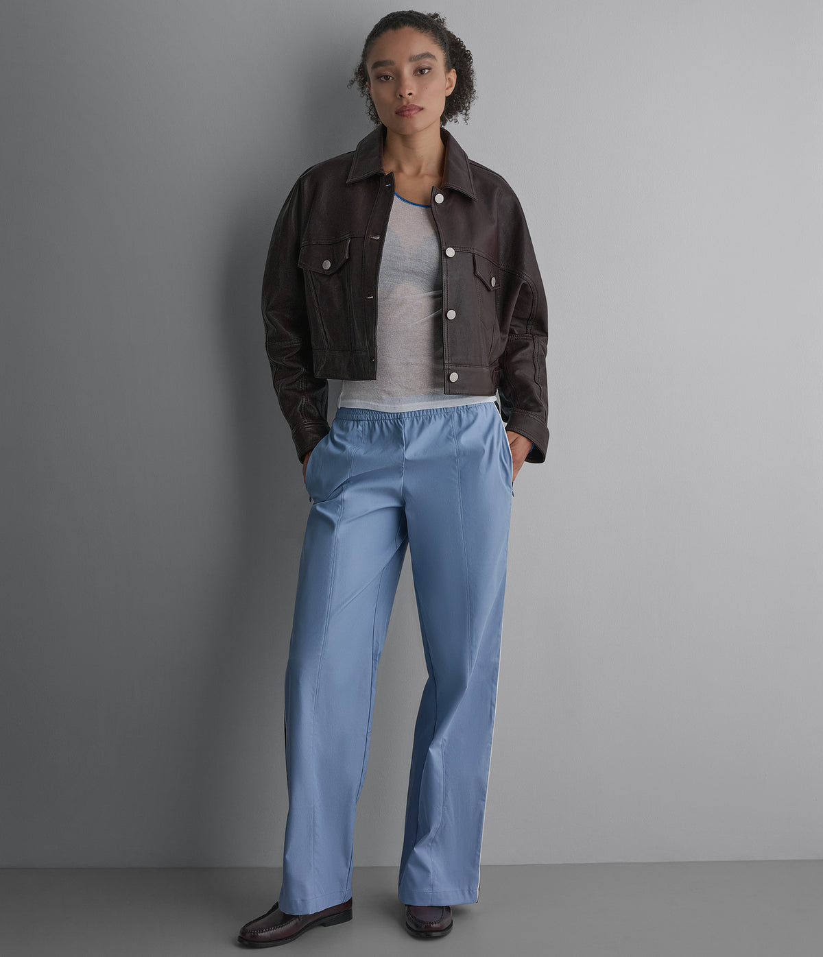 Jamie Dropped Shoulder Leather Trucker Jacket View 1 | Women's Fall Edit Jamie Dropped Shoulder Leather Trucker Jacket View 1 | Women's Fall Edit