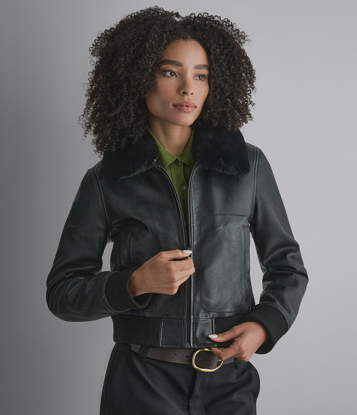 Avery Shearling Collar Leather Cropped Bomber Jacket View 1 | Products Avery Shearling Collar Leather Cropped Bomber Jacket View 1 | Products