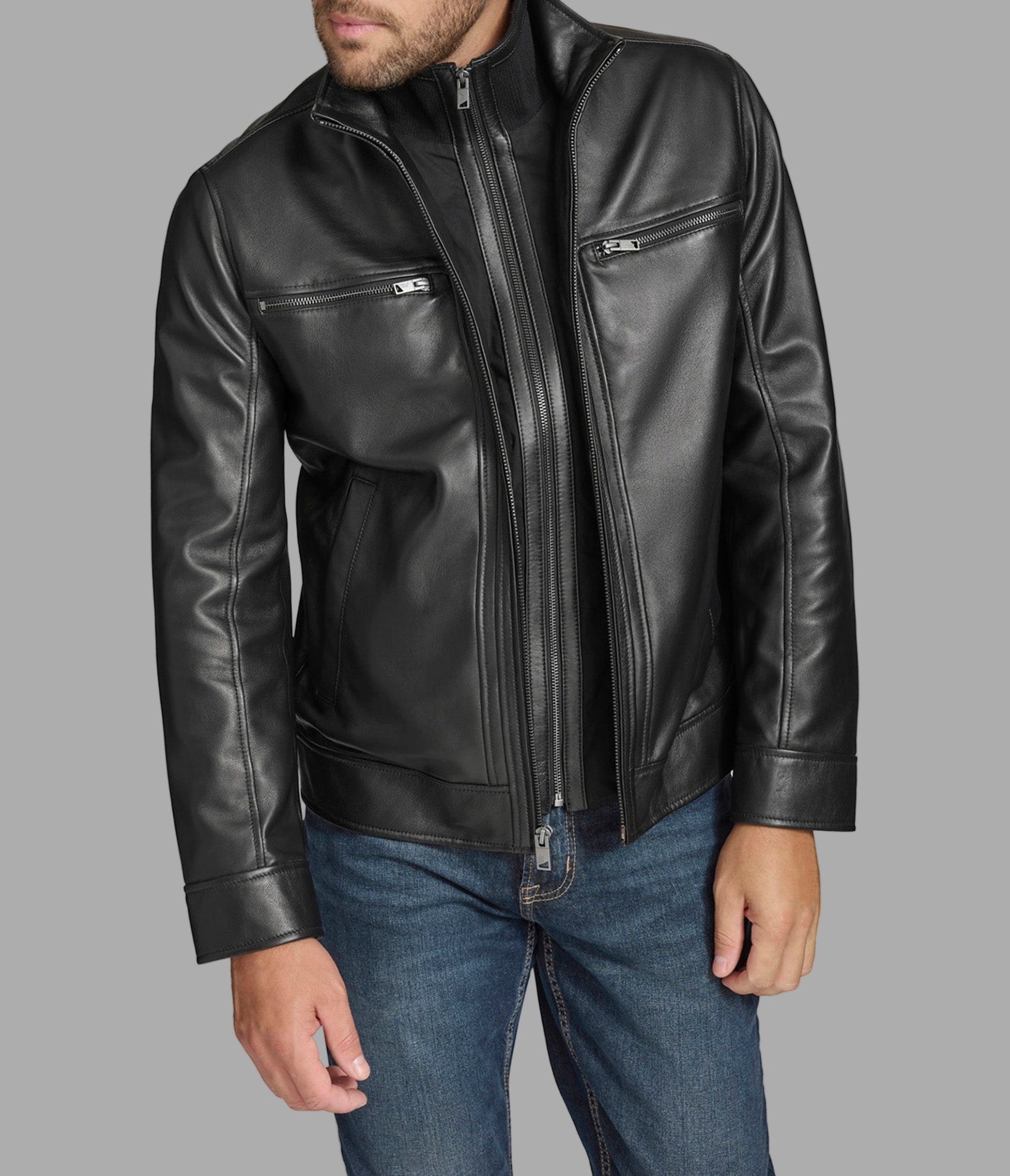 Winton Leather Stand Collar Jacket View 1 | Andrew Marc Collection