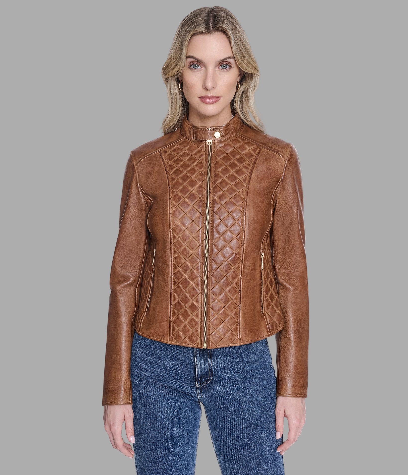 Marlette Quilted Leather Racer Jacket View 1 | Andrew Marc Collection