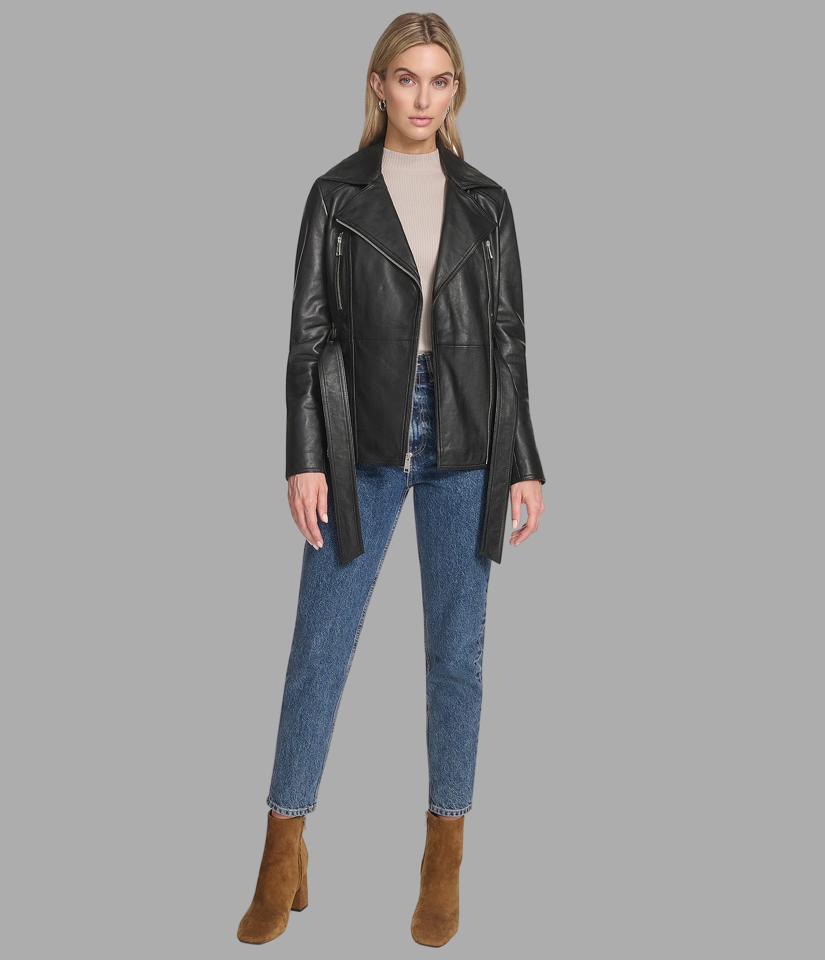 Violet Leather Belted Moto Jacket View 4 | Andrew Marc Collection