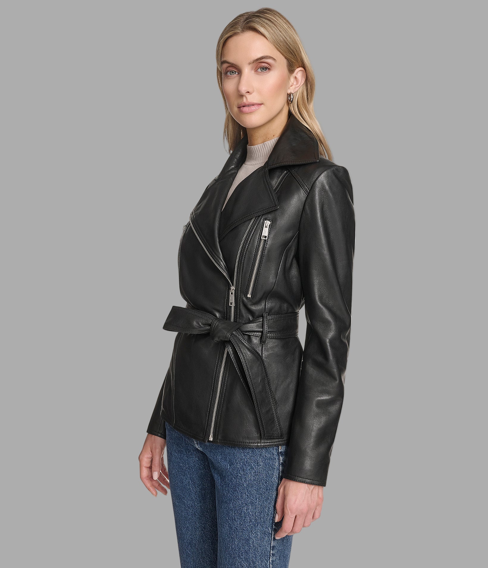 Violet Leather Belted Moto Jacket View 2 | Motorcycle Jackets