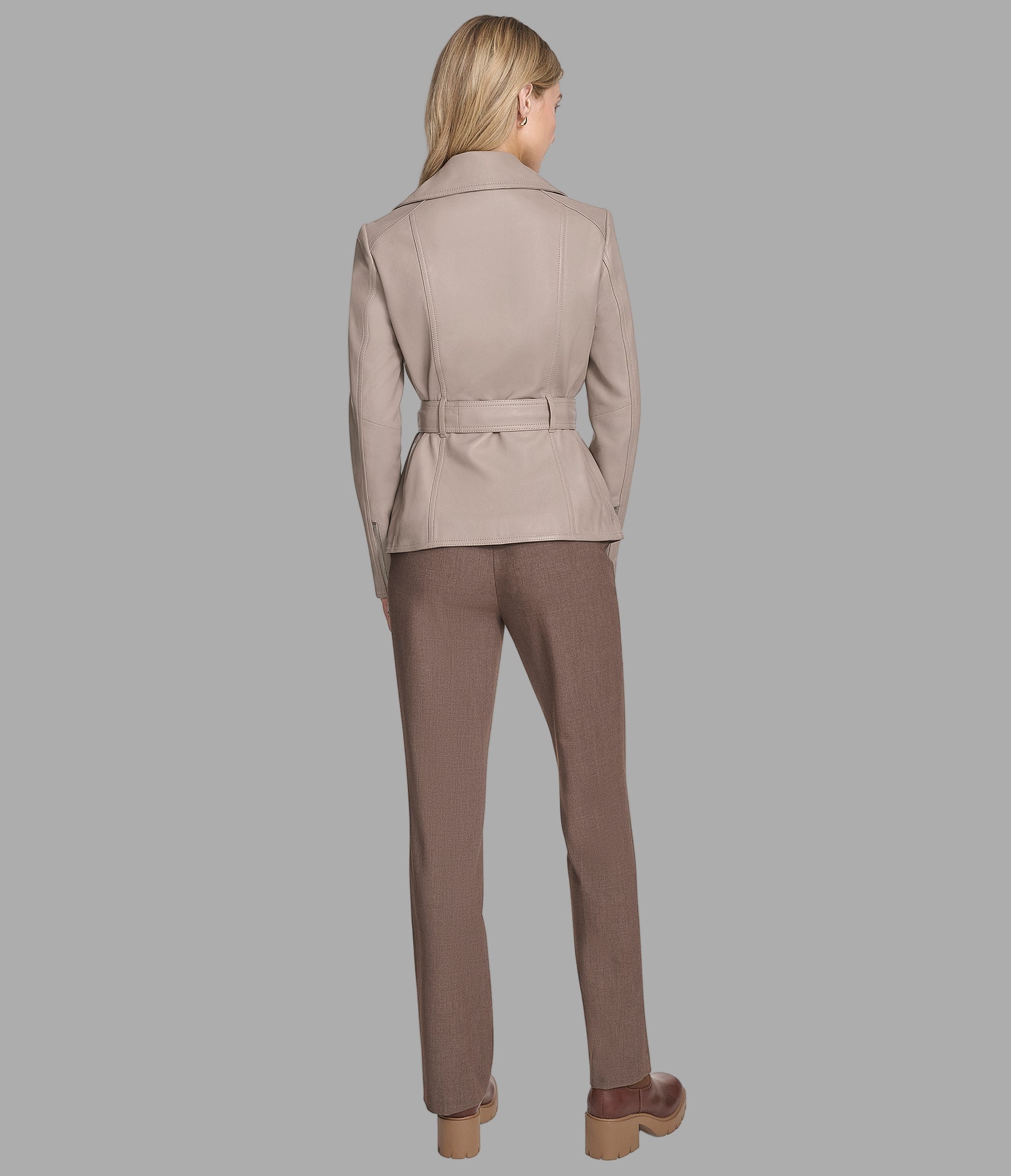 Violet Leather Belted Moto Jacket View 3 | Women's Collection