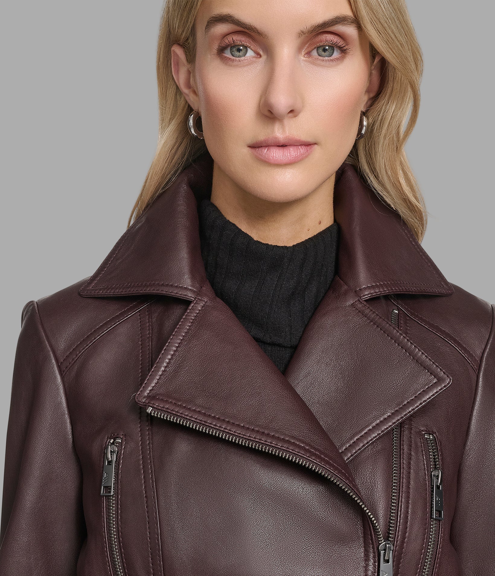 Violet Leather Belted Moto Jacket View 5 | Andrew Marc Collection
