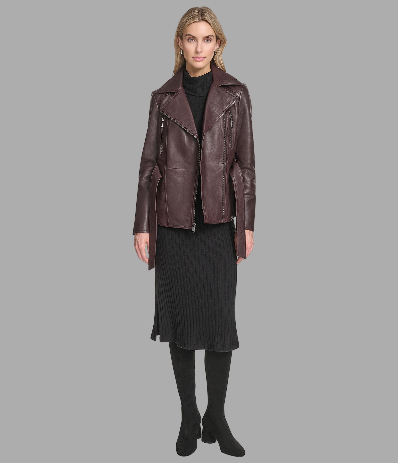 Violet Leather Belted Moto Jacket View 4 | Andrew Marc Collection