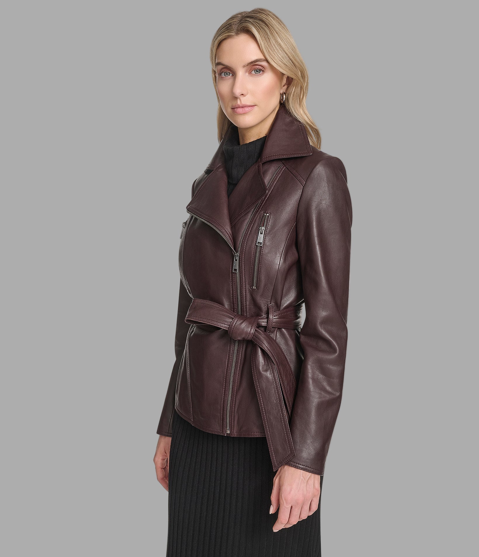Violet Leather Belted Moto Jacket View 2 | Motorcycle Jackets