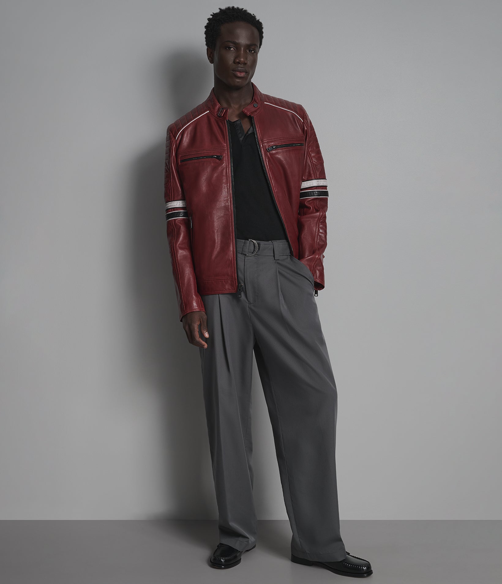 Anthony Vintage Striped Leather Racer Jacket View 4 | Racer Jackets