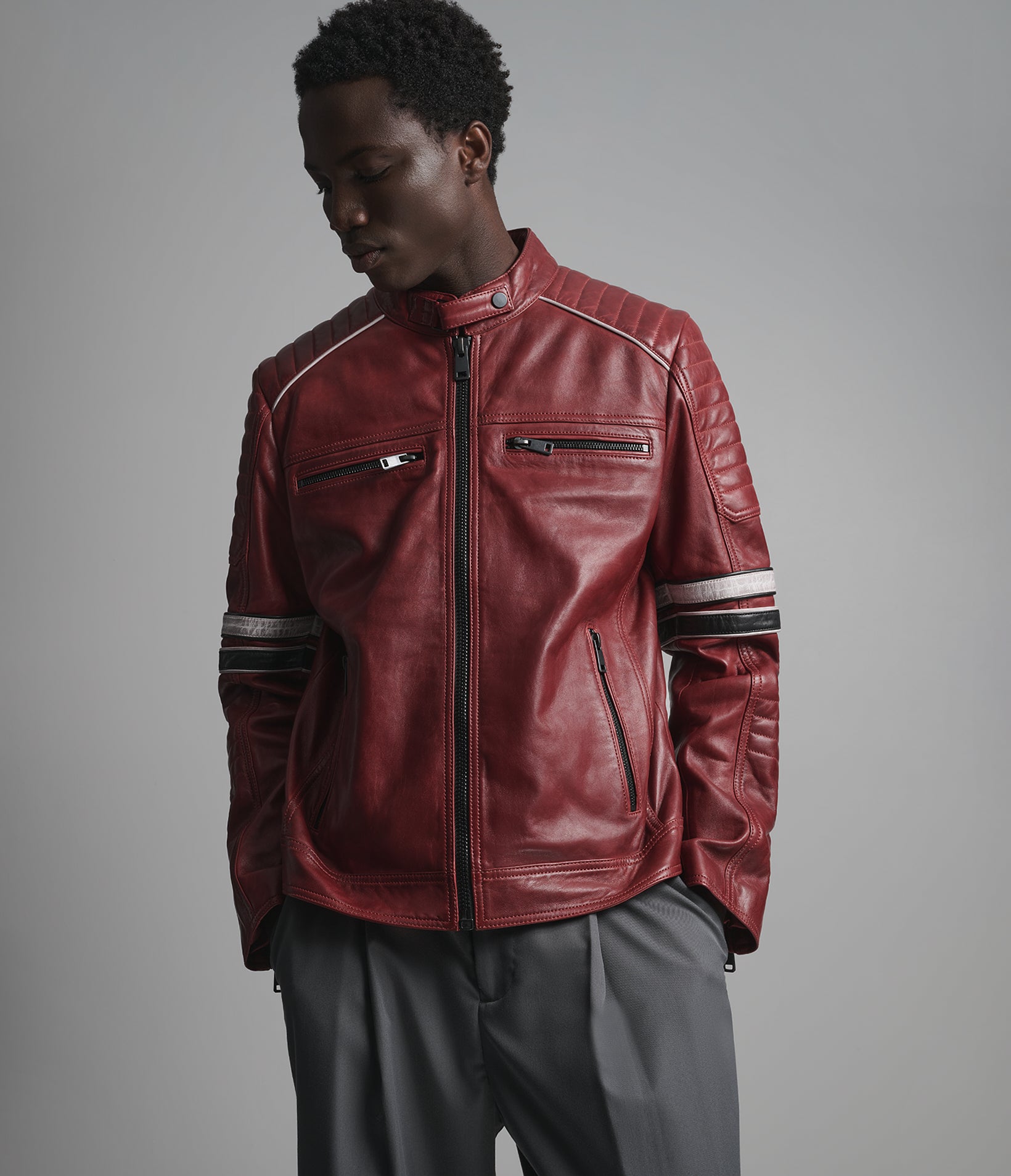 Anthony Vintage Striped Leather Racer Jacket View 5 | Racer Jackets