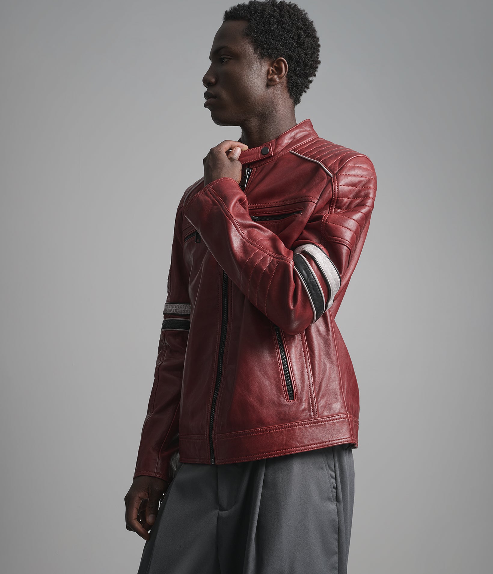 Anthony Vintage Striped Leather Racer Jacket View 6 | Racer Jackets