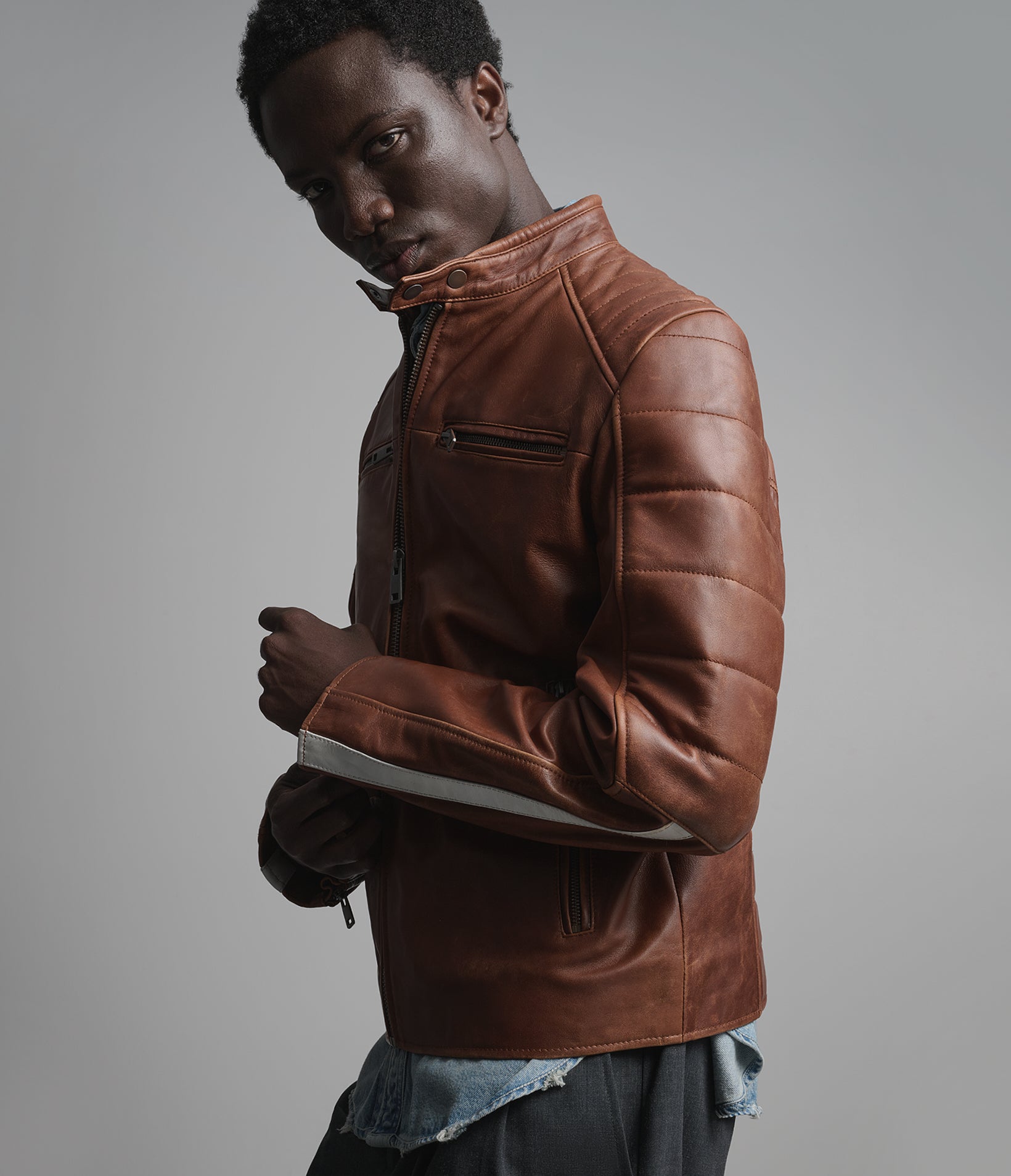 Hank Vintage Leather Striped Racer Jacket View 6 | Racer Jackets