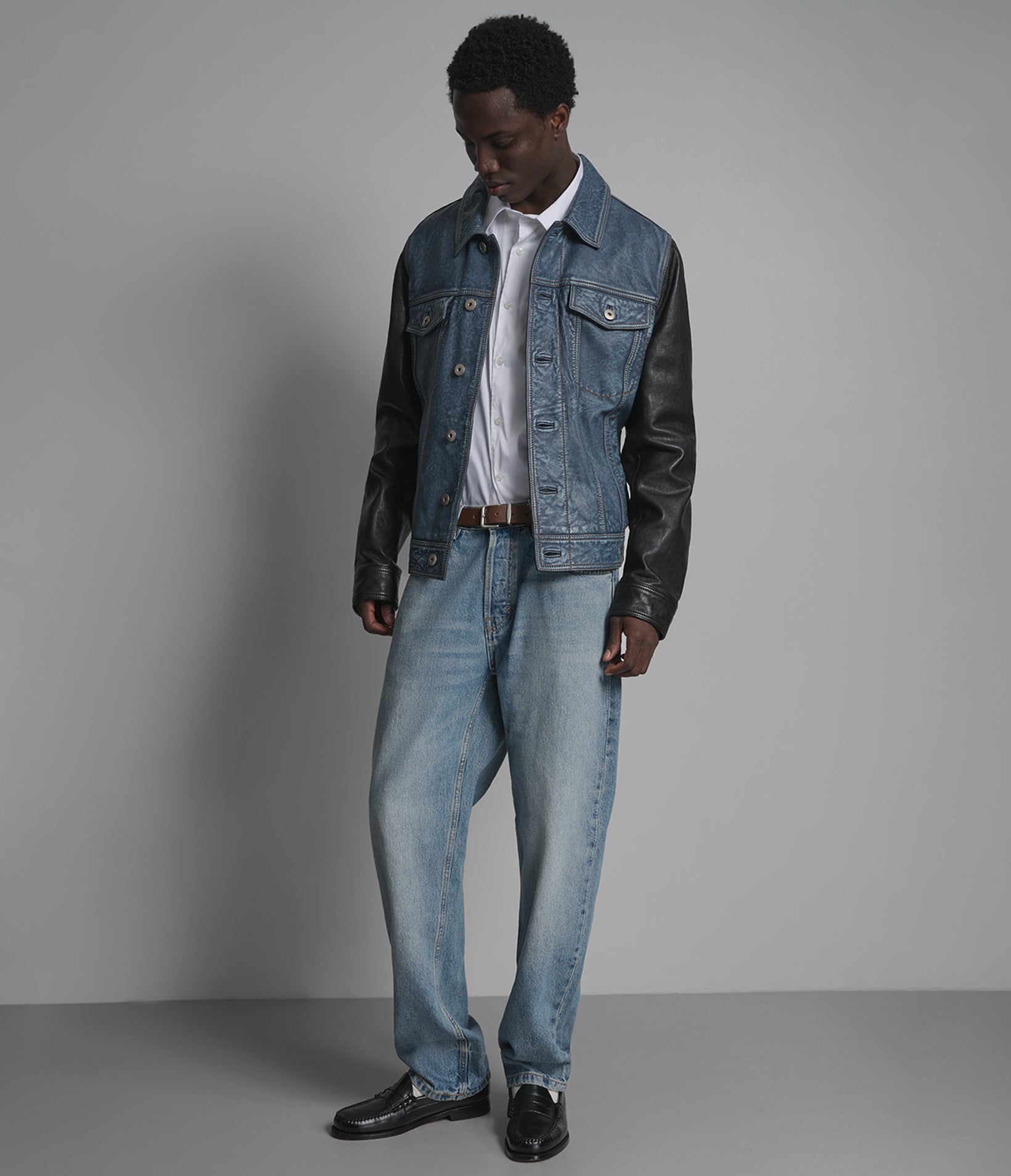 Beckham Color-Block Leather Denim Trucker Jacket View 4 | Leather Denim