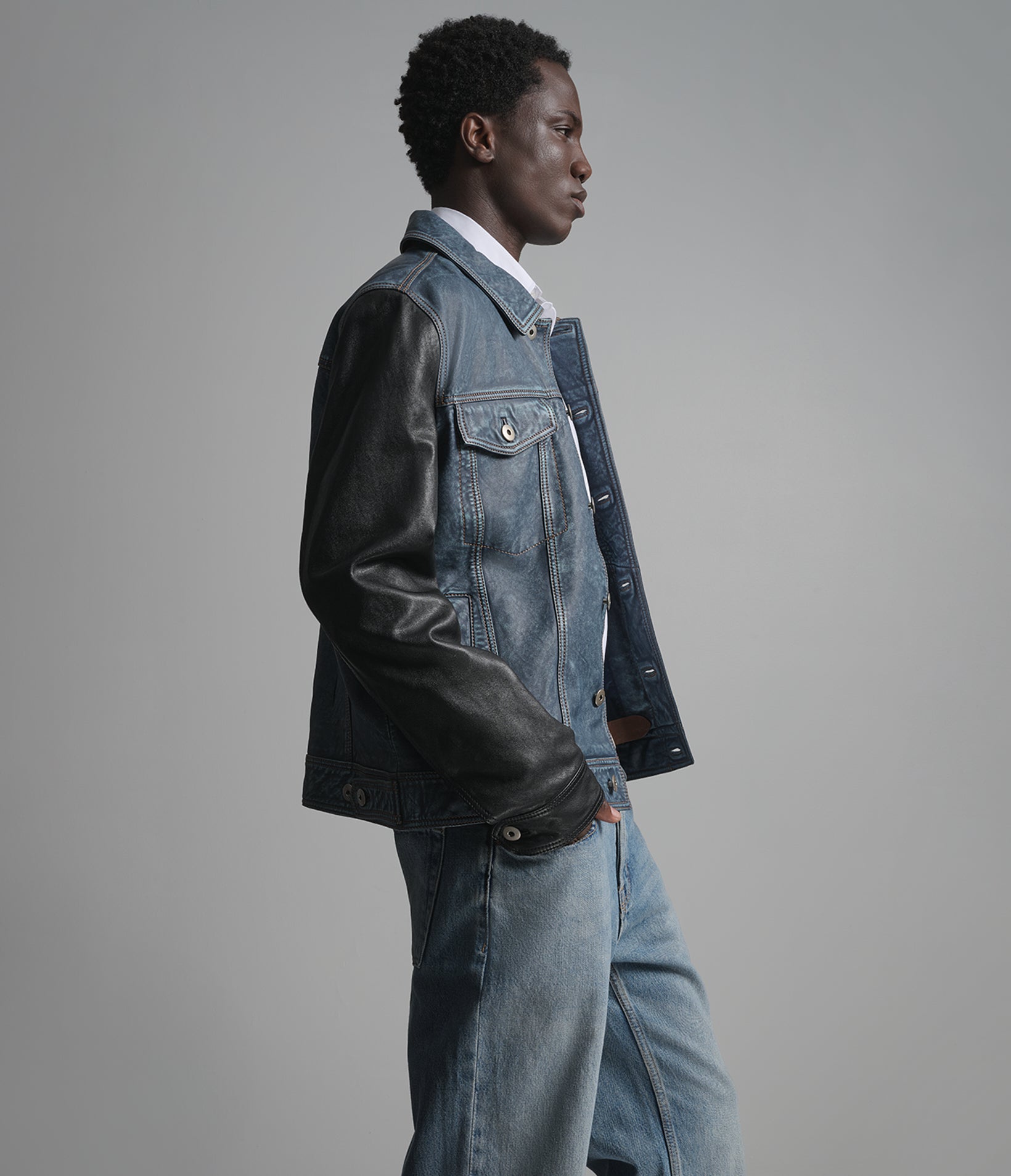 Beckham Color-Block Leather Denim Trucker Jacket View 6 | Leather Denim