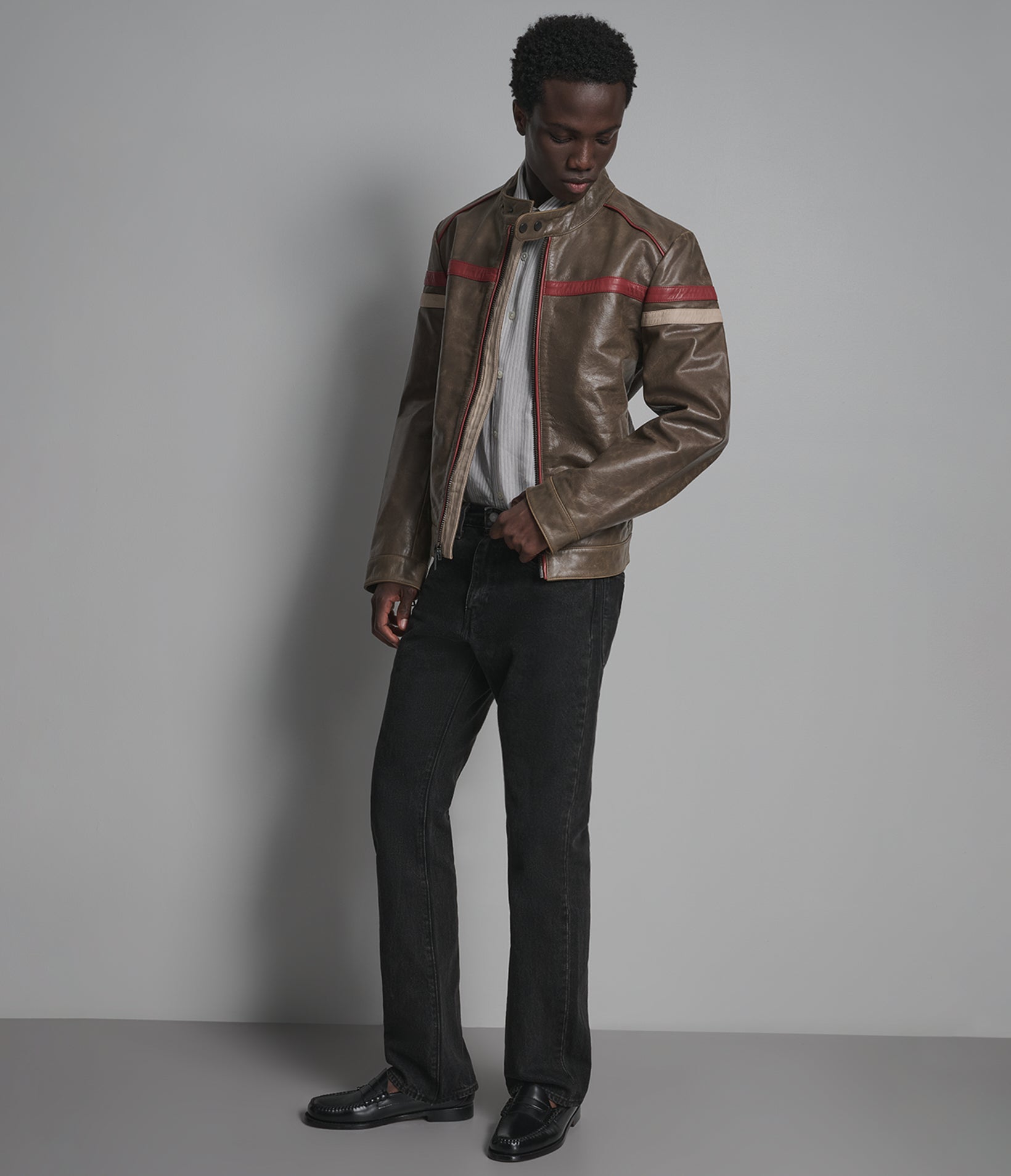 Elliot Vintage Striped Leather Racer Jacket View 5 | Racer Jackets