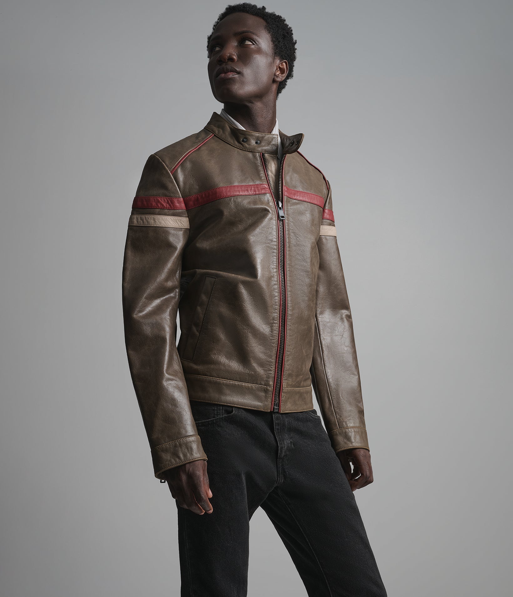 Elliot Vintage Striped Leather Racer Jacket View 2 | Men's Vintage Collection