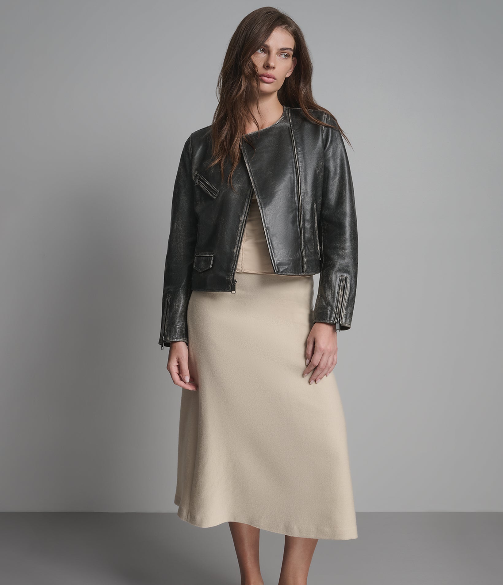 Eloise Leather Vintage Collarless Moto Jacket | Wilsons Leather