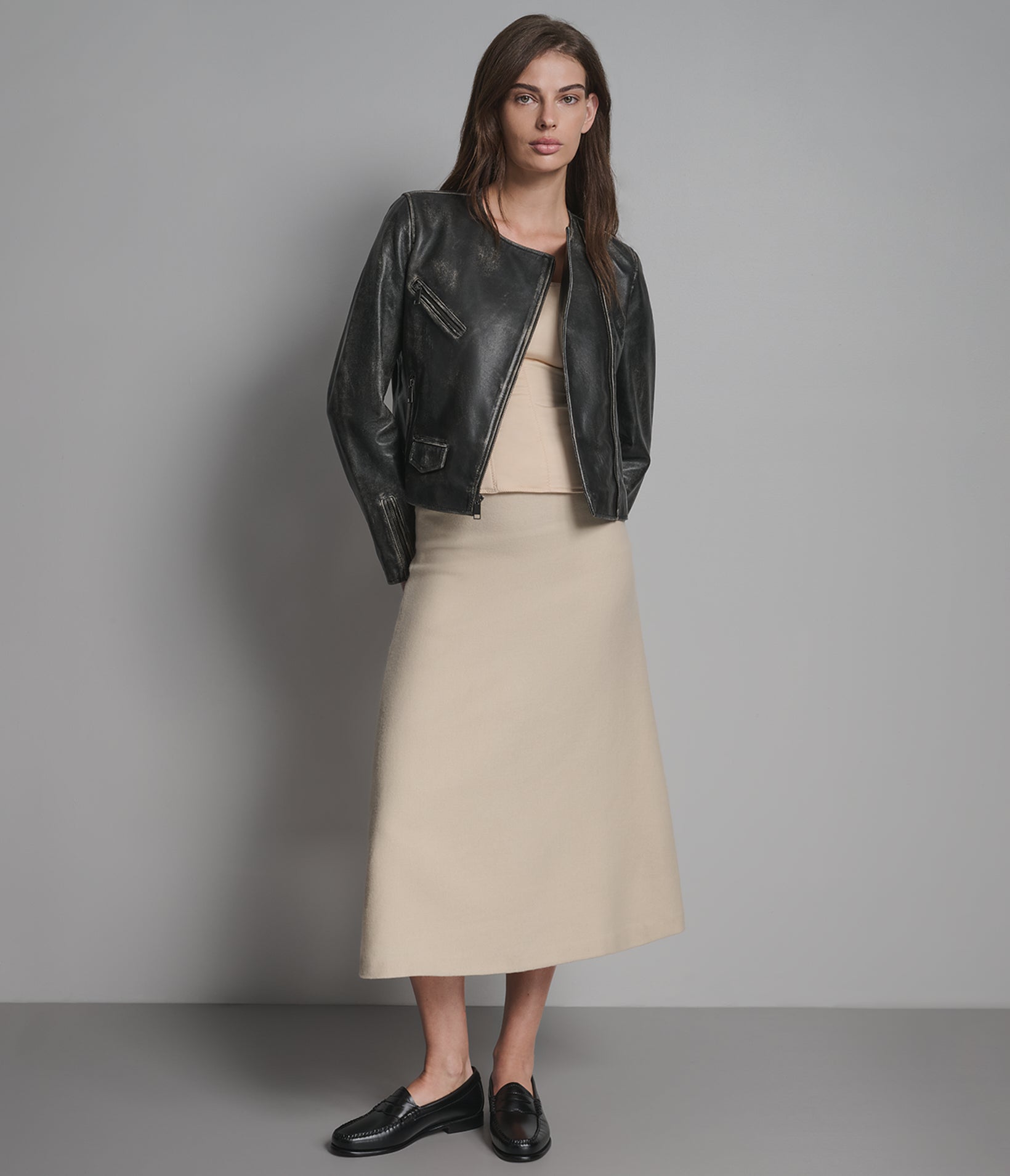 Eloise Leather Vintage Collarless Moto Jacket | Wilsons Leather