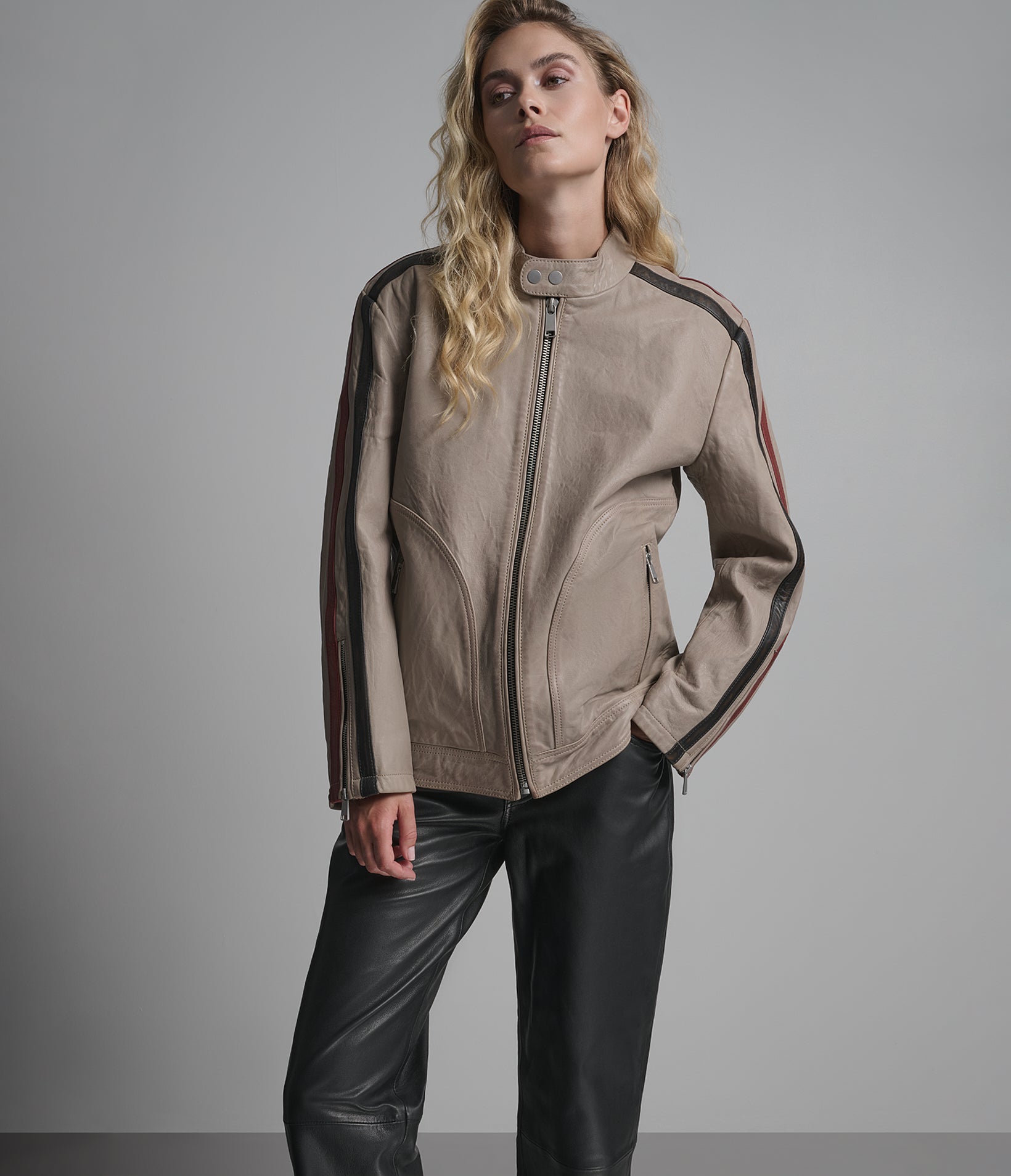 Nova Vintage Leather Striped Racer Jacket View 6 | Women's Jackets & Coats