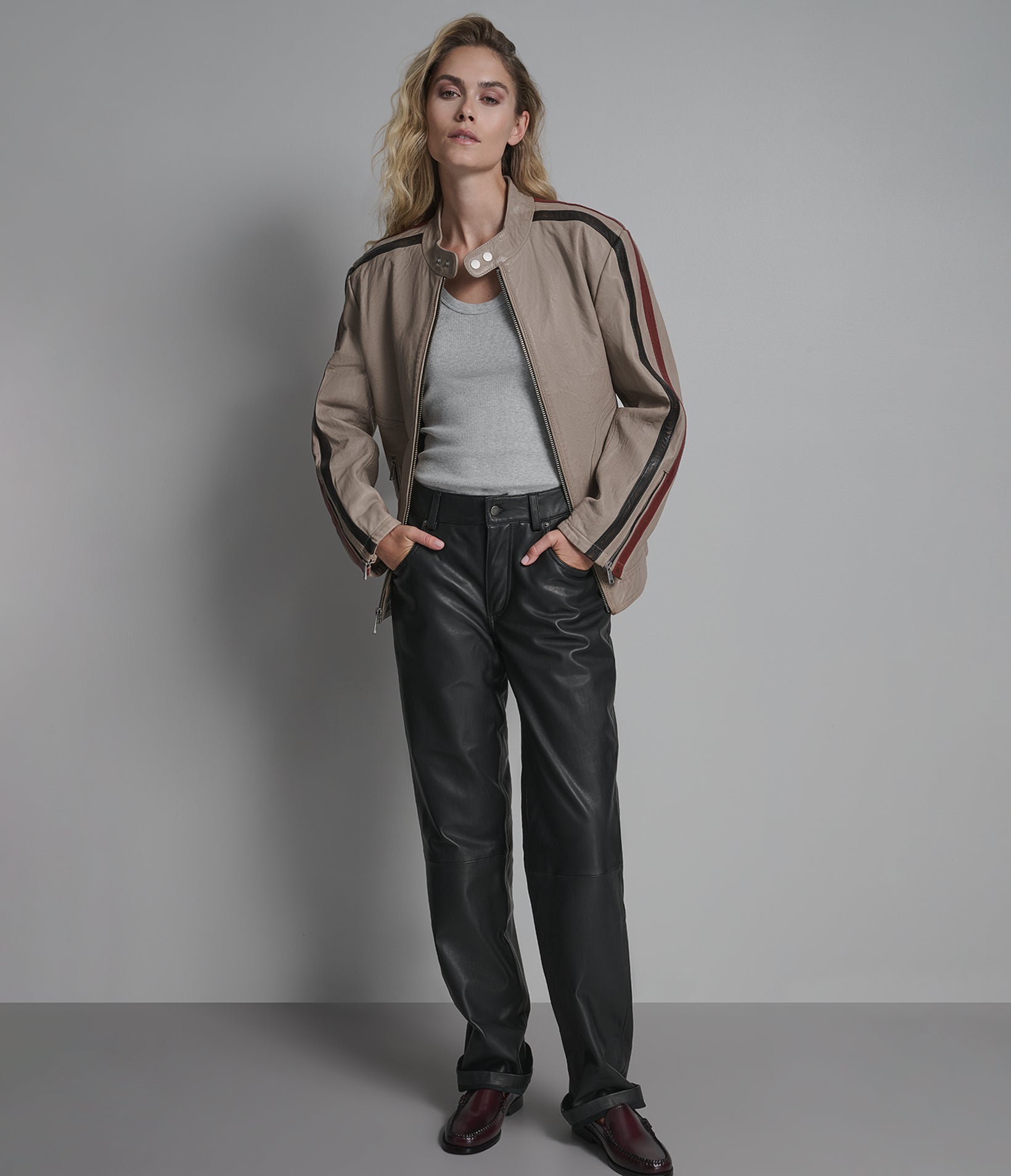 Nova Vintage Leather Striped Racer Jacket View 4 | Women's Jackets & Coats